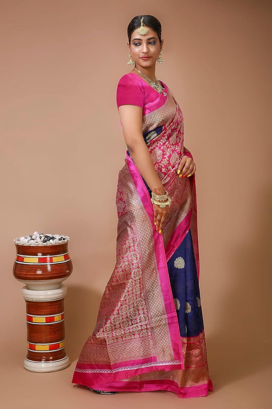 Blue Pink Silk Banarasi Saree