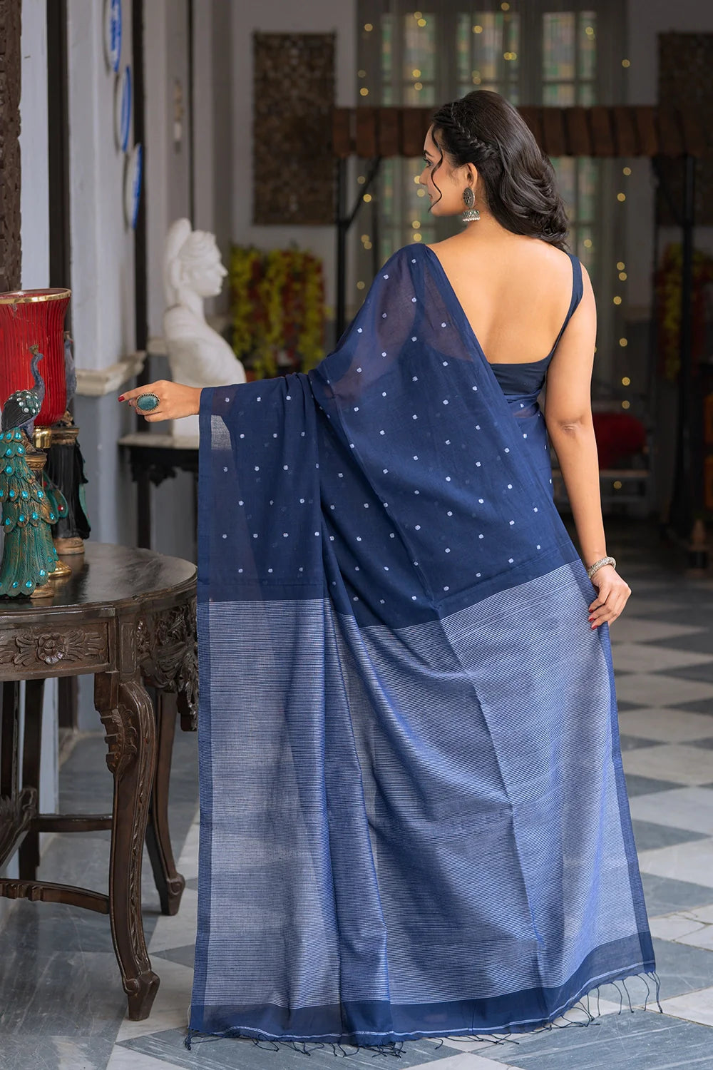 Handloom Blue Pure Cotton Polka Jamdani Saree