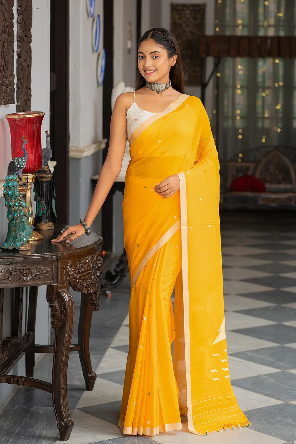 Handloom Bright Yellow Soft Cotton Swan Motifs Jamdani Saree