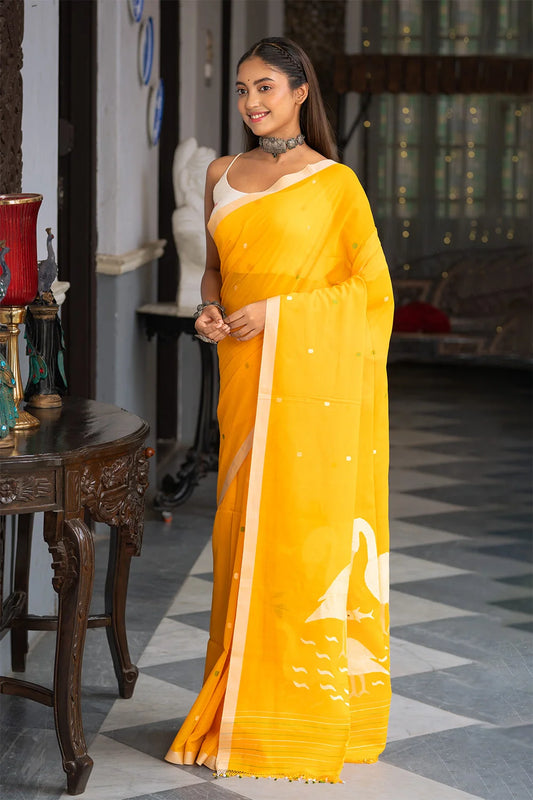 Handloom Bright Yellow Soft Cotton Swan Motifs Jamdani Saree