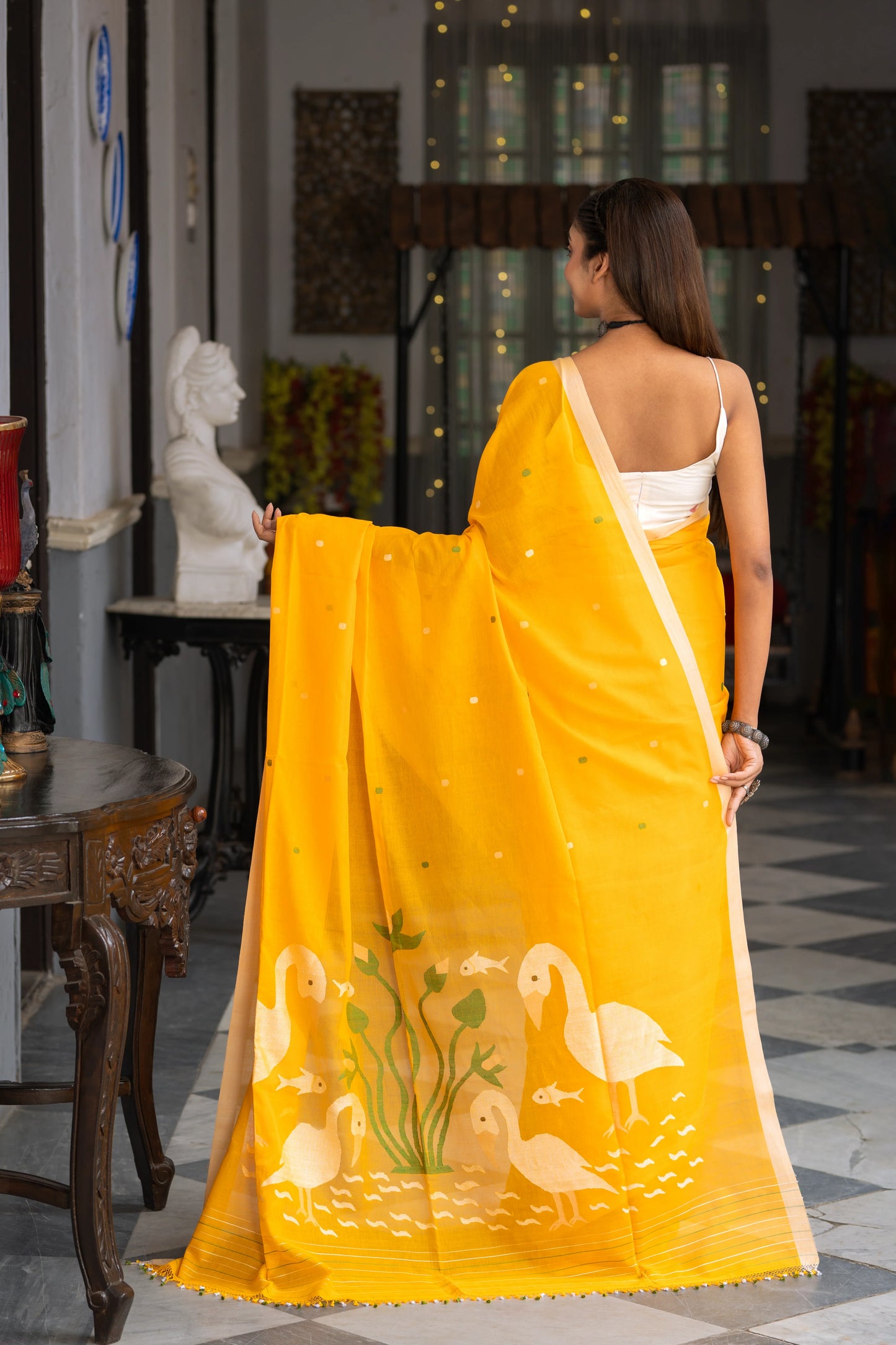 Handloom Bright Yellow Soft Cotton Swan Motifs Jamdani Saree