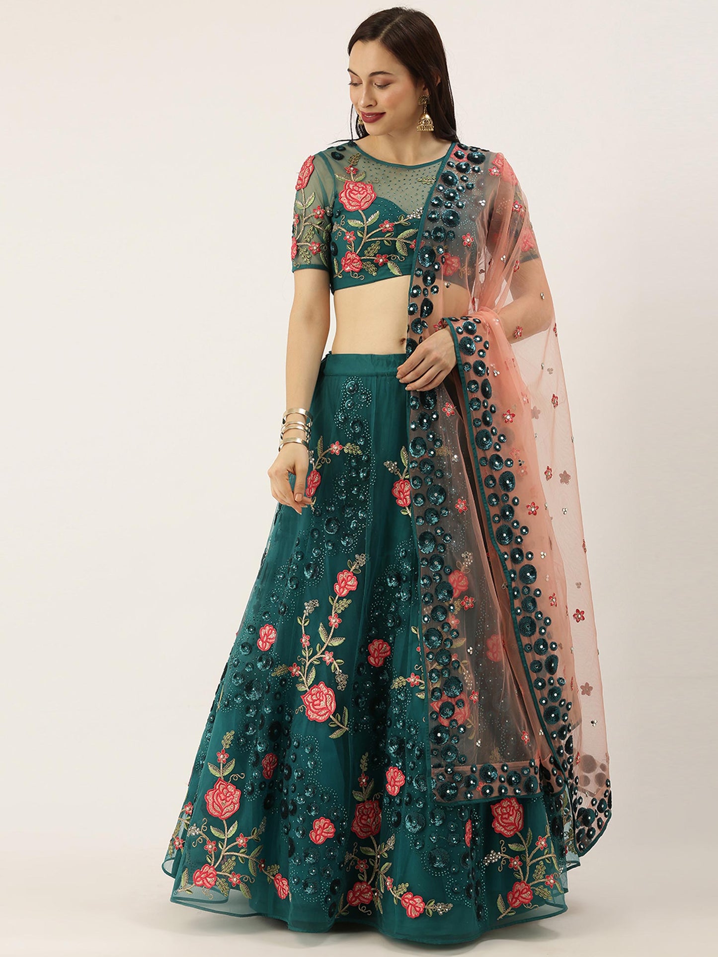 Teal Net Semi stitched Coding, Sequins and Saroski Stone Work Lehenga Choli