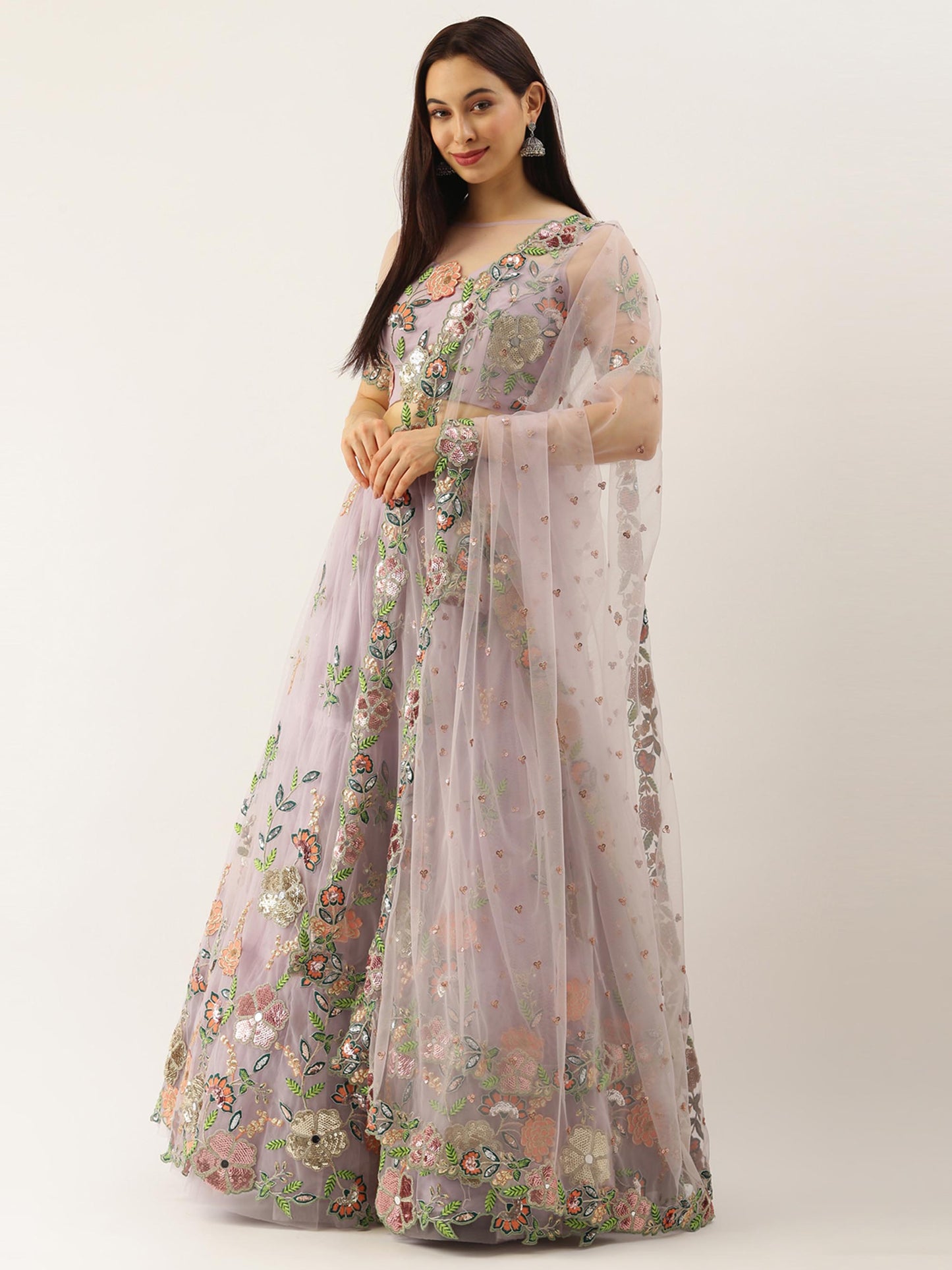 Lavender - Net Embroidered Sequence Semi-Stitched Lehenga