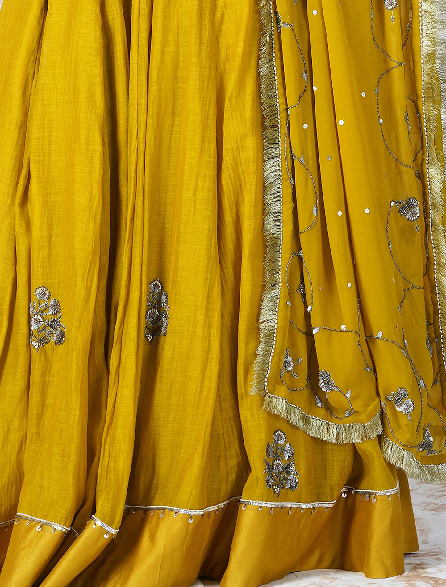 Antique Work Mustard Lehenga Set