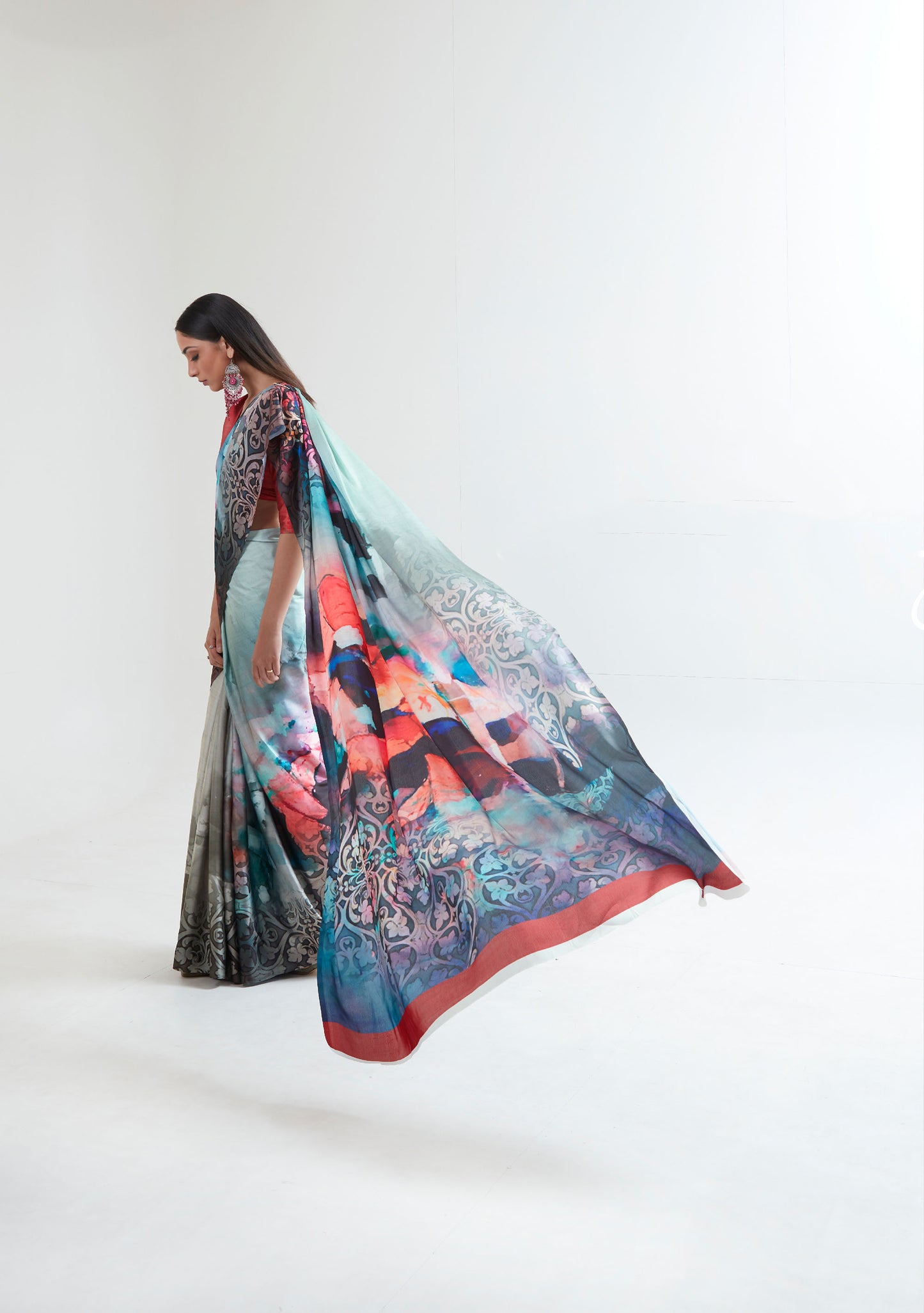 Grey and Green Kouture Printoria Digital Silk Saree