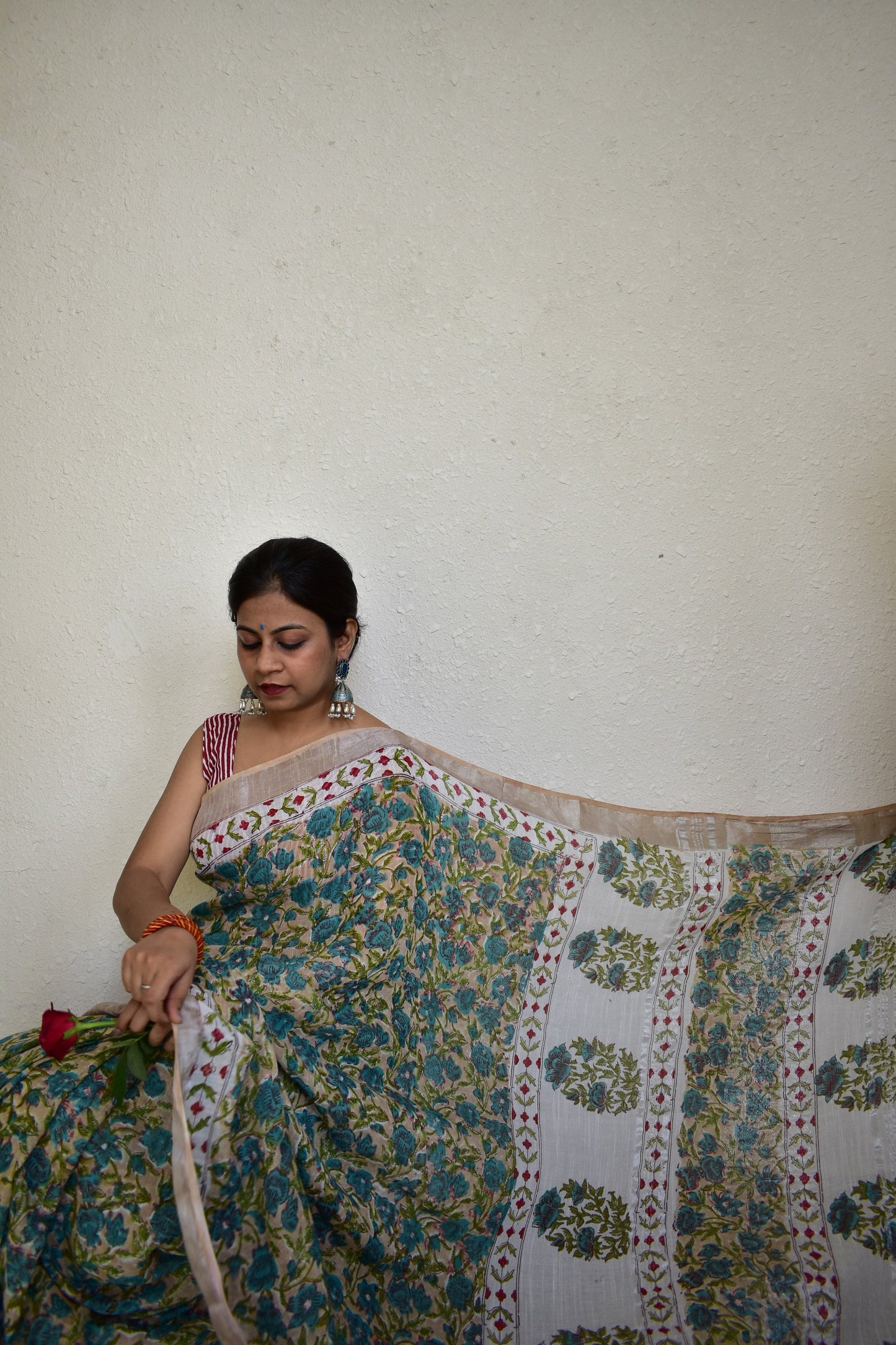 Delphinium - Green Handblock Print Natural Dyed - Linen Cotton Saree