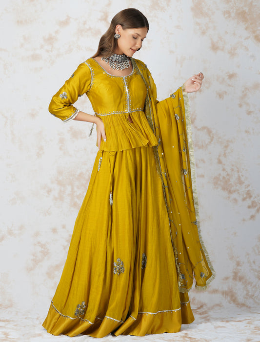 Antique Work Mustard Lehenga Set