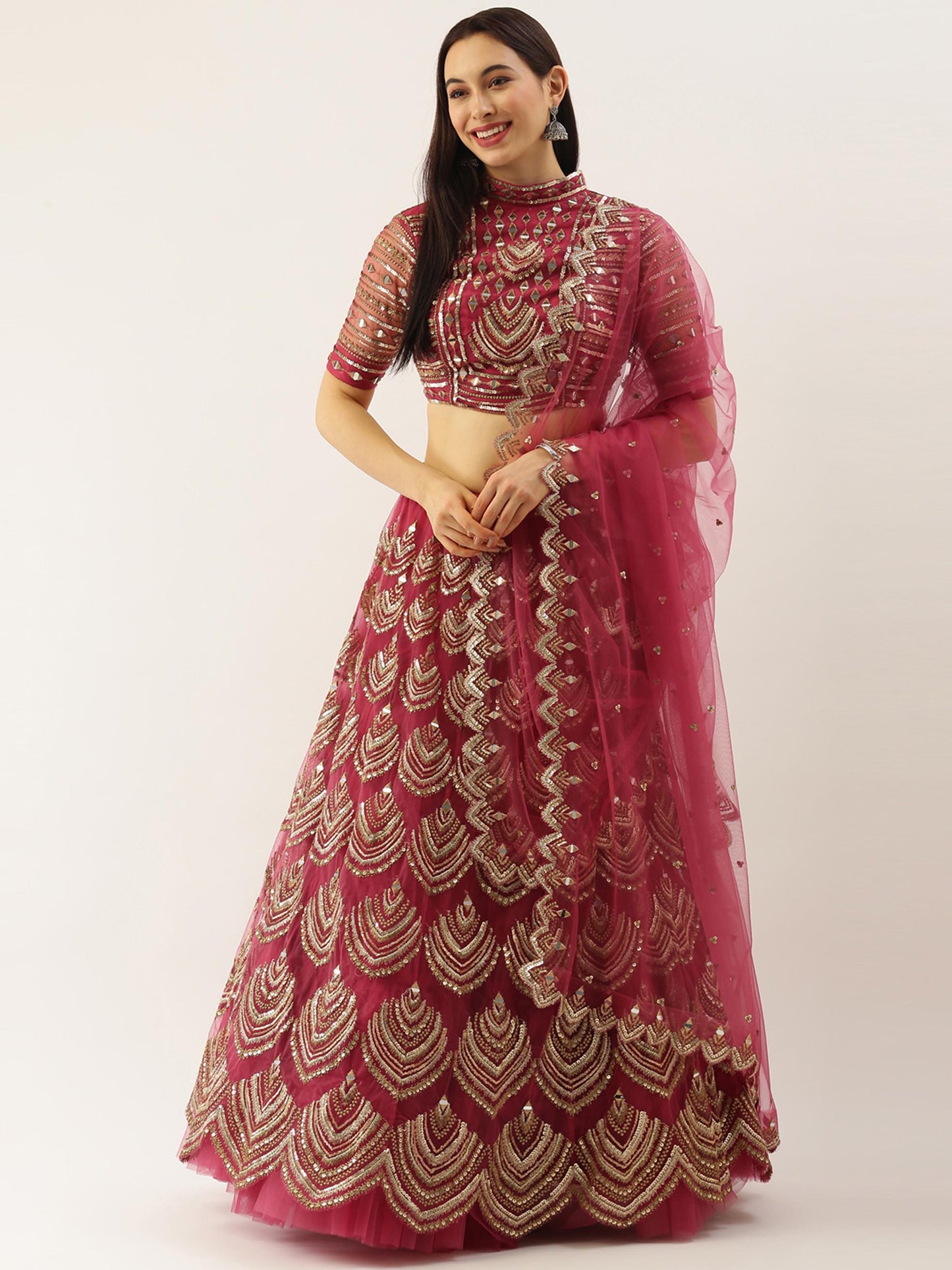 Women Rosegold Net Embroidered Mirror Semi-Stitched Lehenga & Unstitched Blouse with Dupatta