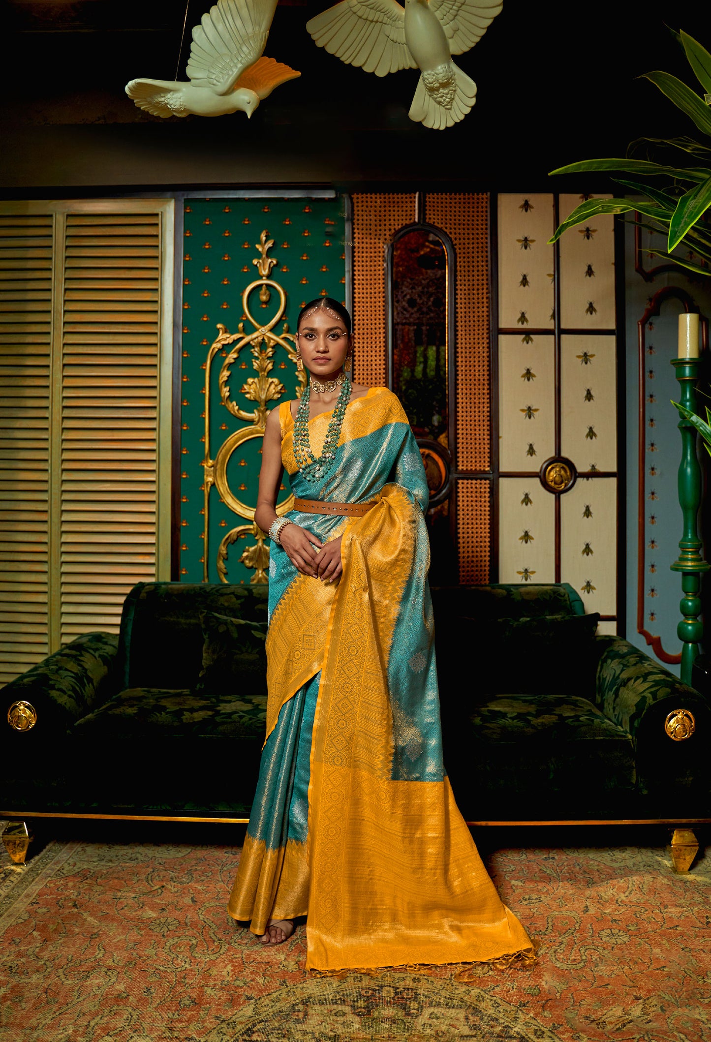 Teal and Yellow Kanishka Zari Handloom Silk Saree