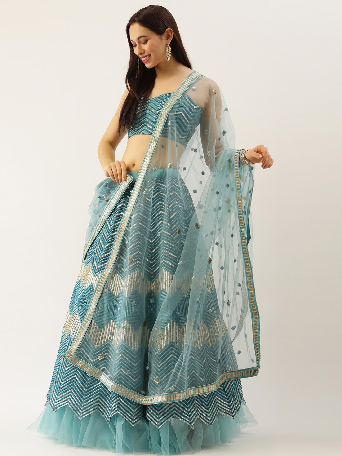 Sea Green Net Zig-Zag Embroideried Semi-Stitched Lehenga Unstitched Blouse & Dupatta