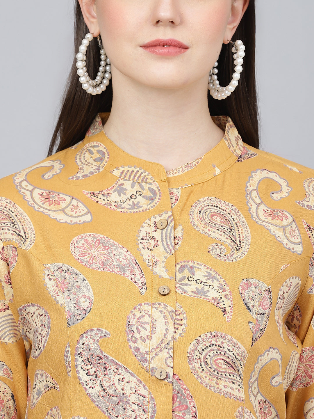 Mastard Yellow Print Mandarin Collar Roll-Up Sleeves Shirt Style Top