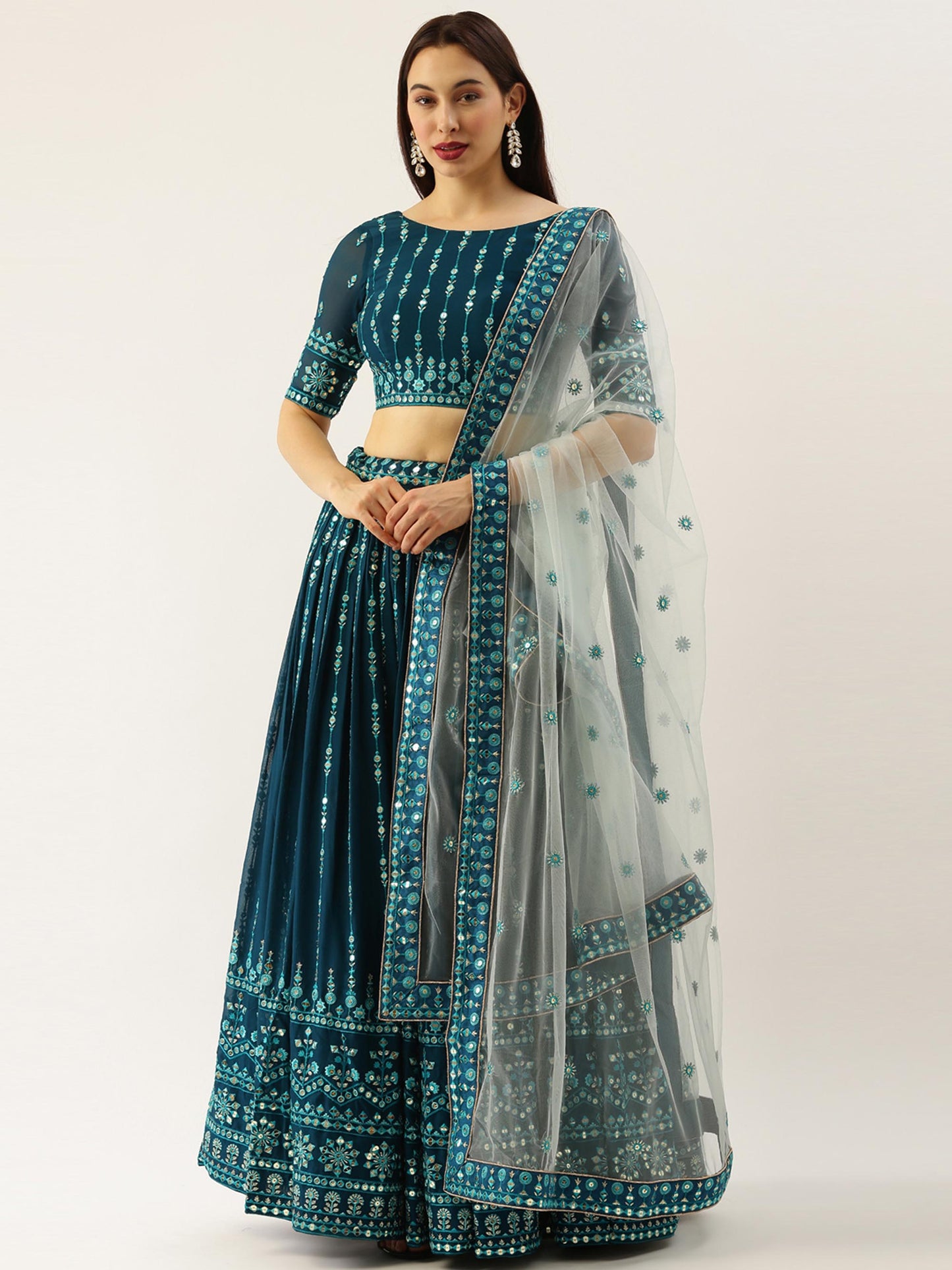 Women Teal Georgette Sequins Work Semi-Stitched Lehenga & Unstitched Blouse with Dupatta