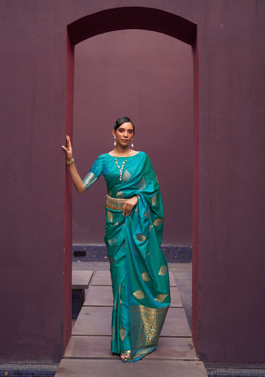 Teal Khushrat Pure Satin Weaving Saree