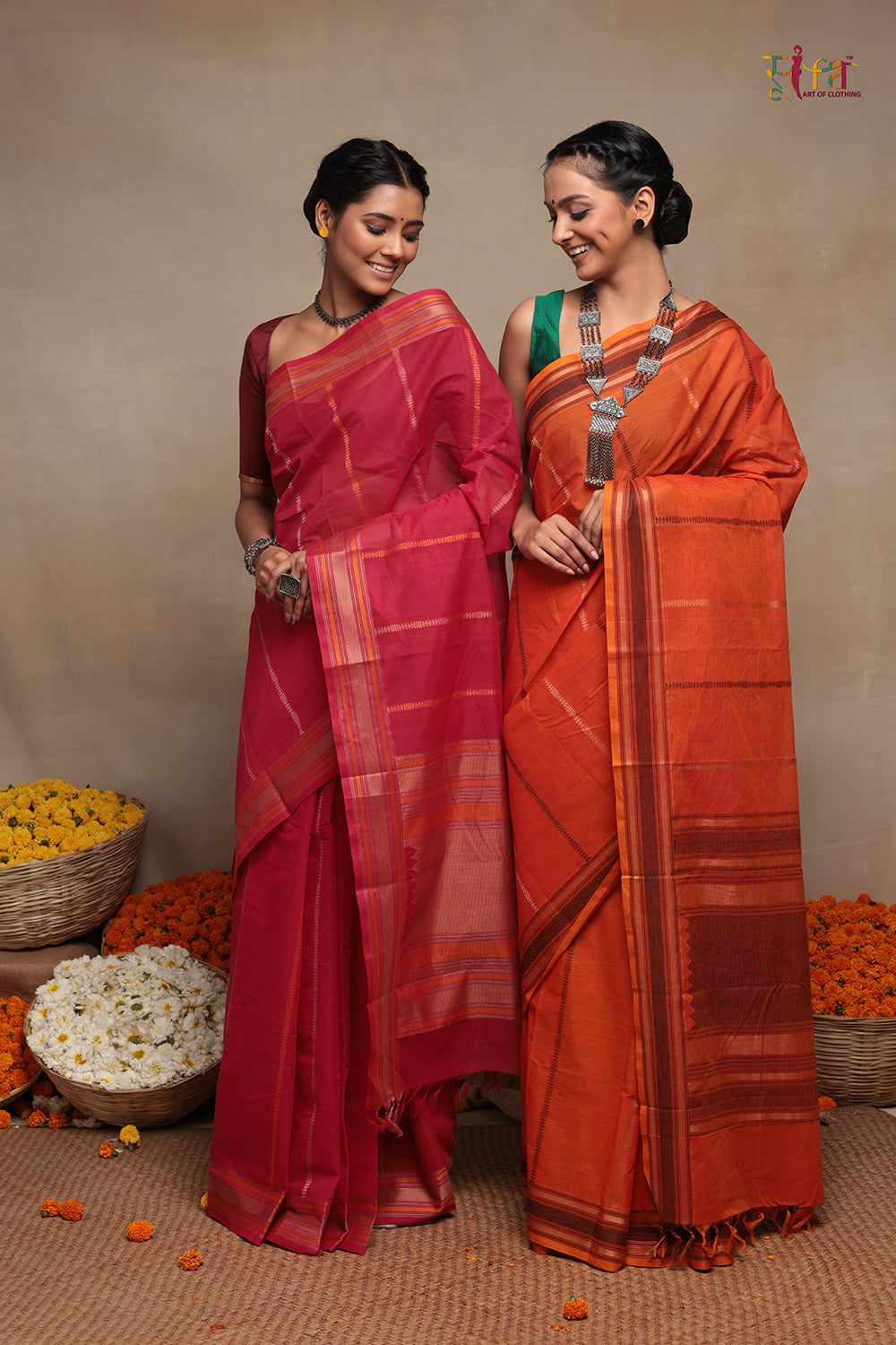 Orange Handloom Kanchi Saree With Stripes