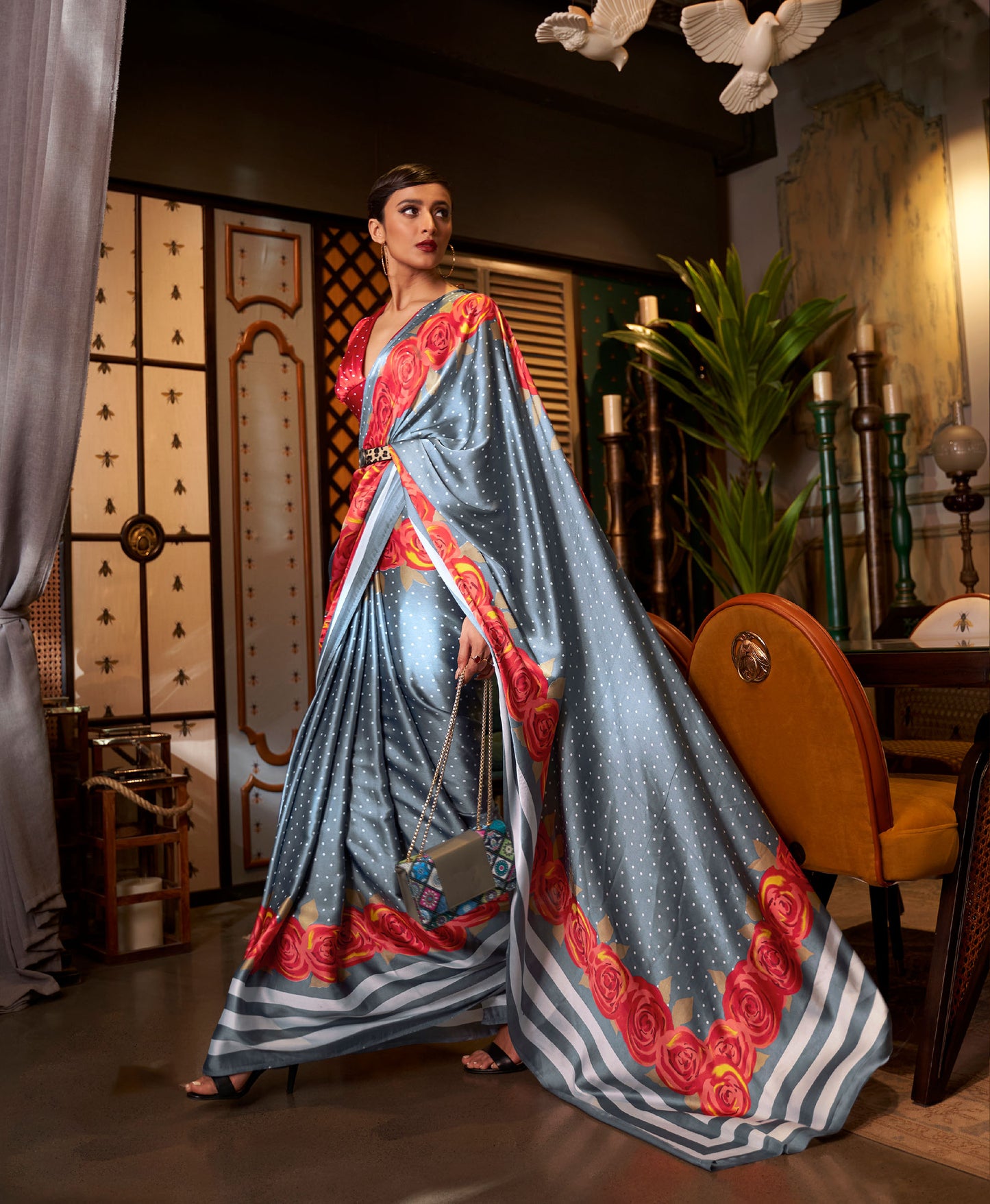 Metallic Grey Kalizey Printed Japan Satin Saree