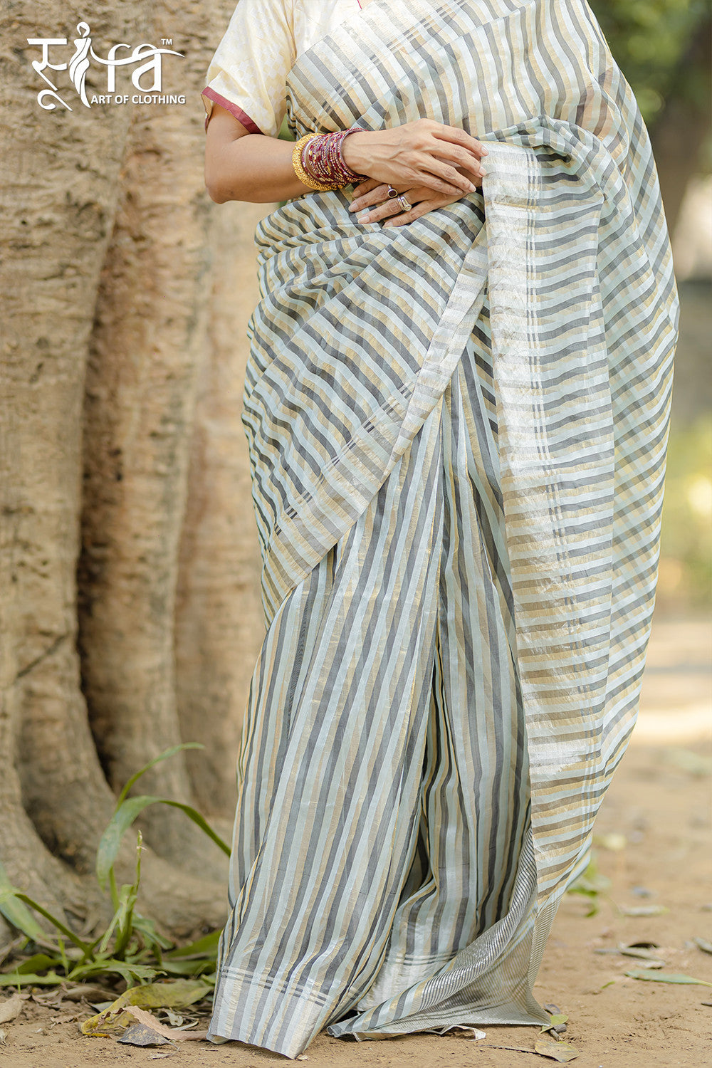 Handloom Gold & Silver Stripes Katan Silk Chanderi Saree