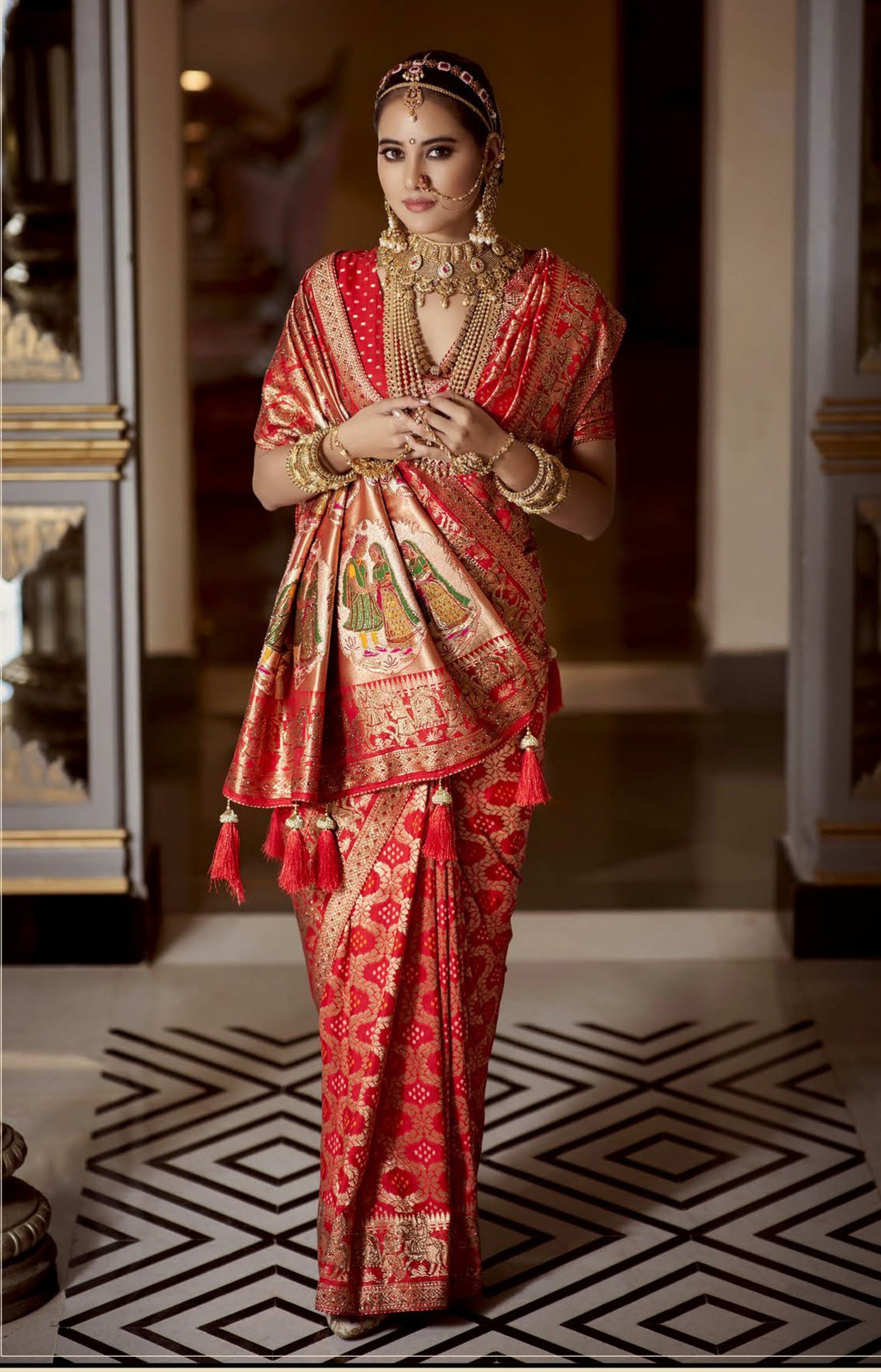 Dark Red Color Heavy Gold Weaving Silk Bridal Saree