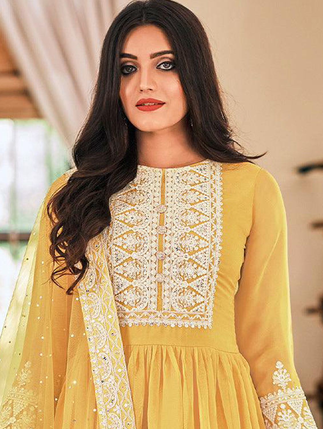 Yellow Resham Embroidered Georgette Dress