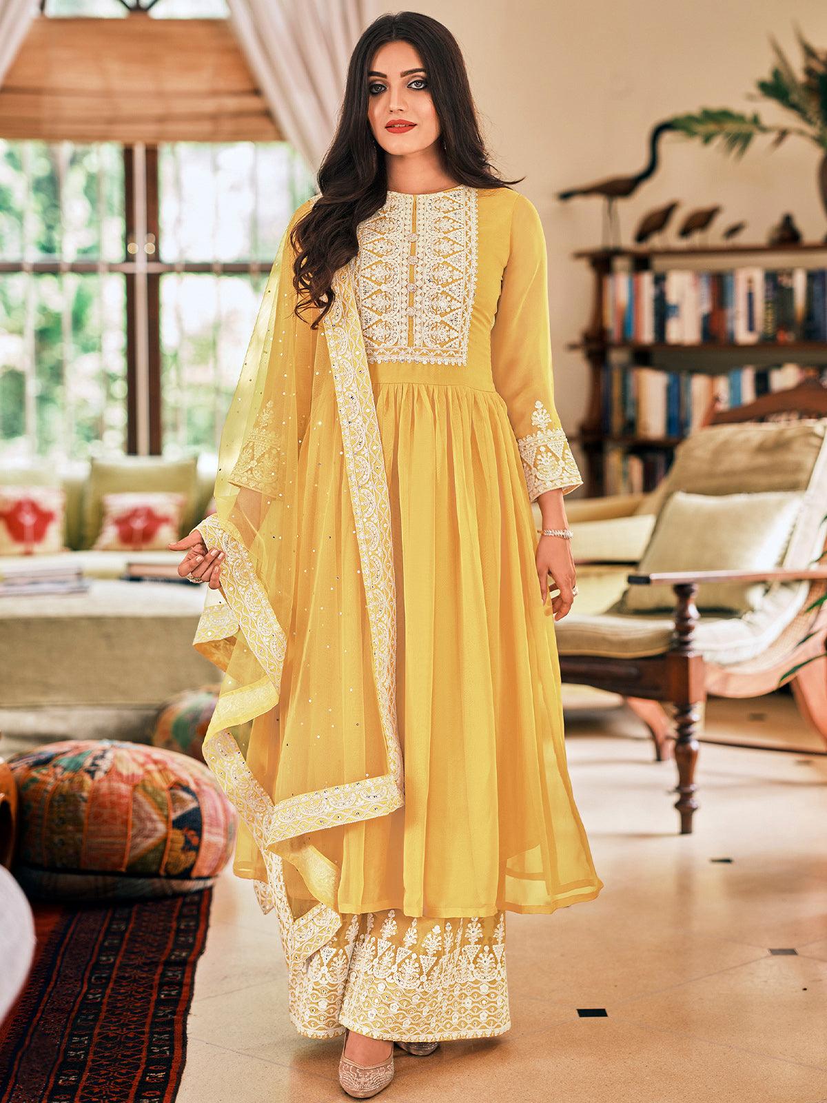 Yellow Resham Embroidered Georgette Dress