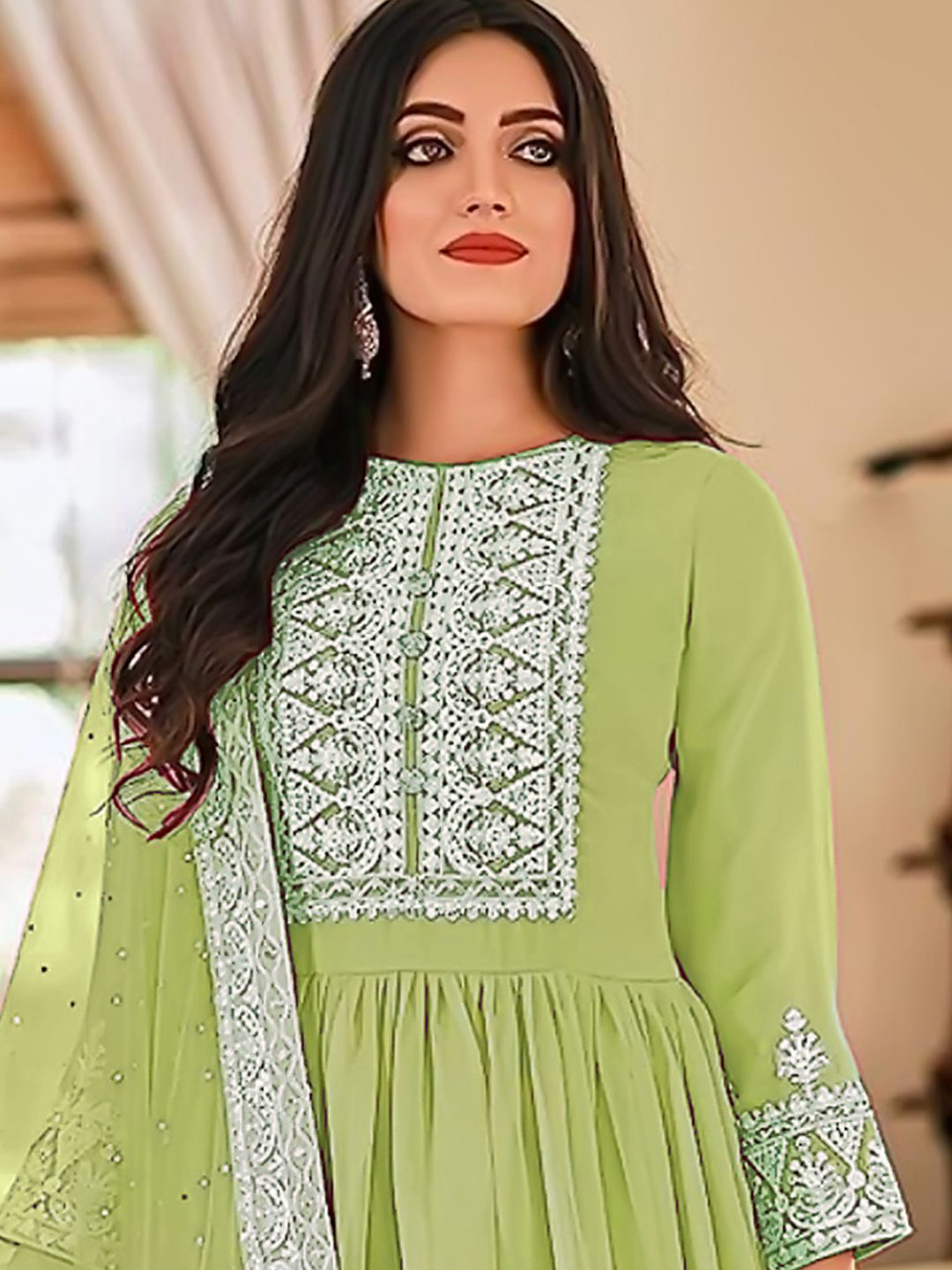 Green Resham Embroidered Georgette Dress