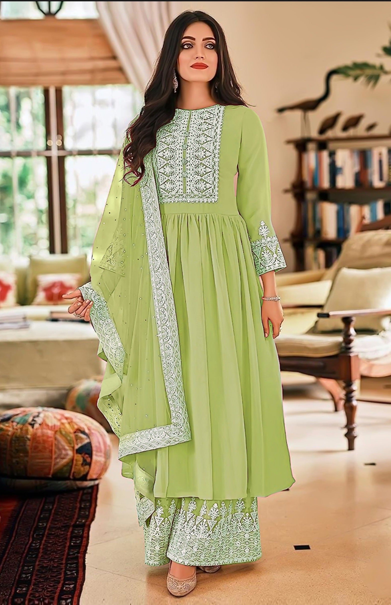 Green Resham Embroidered Georgette Dress