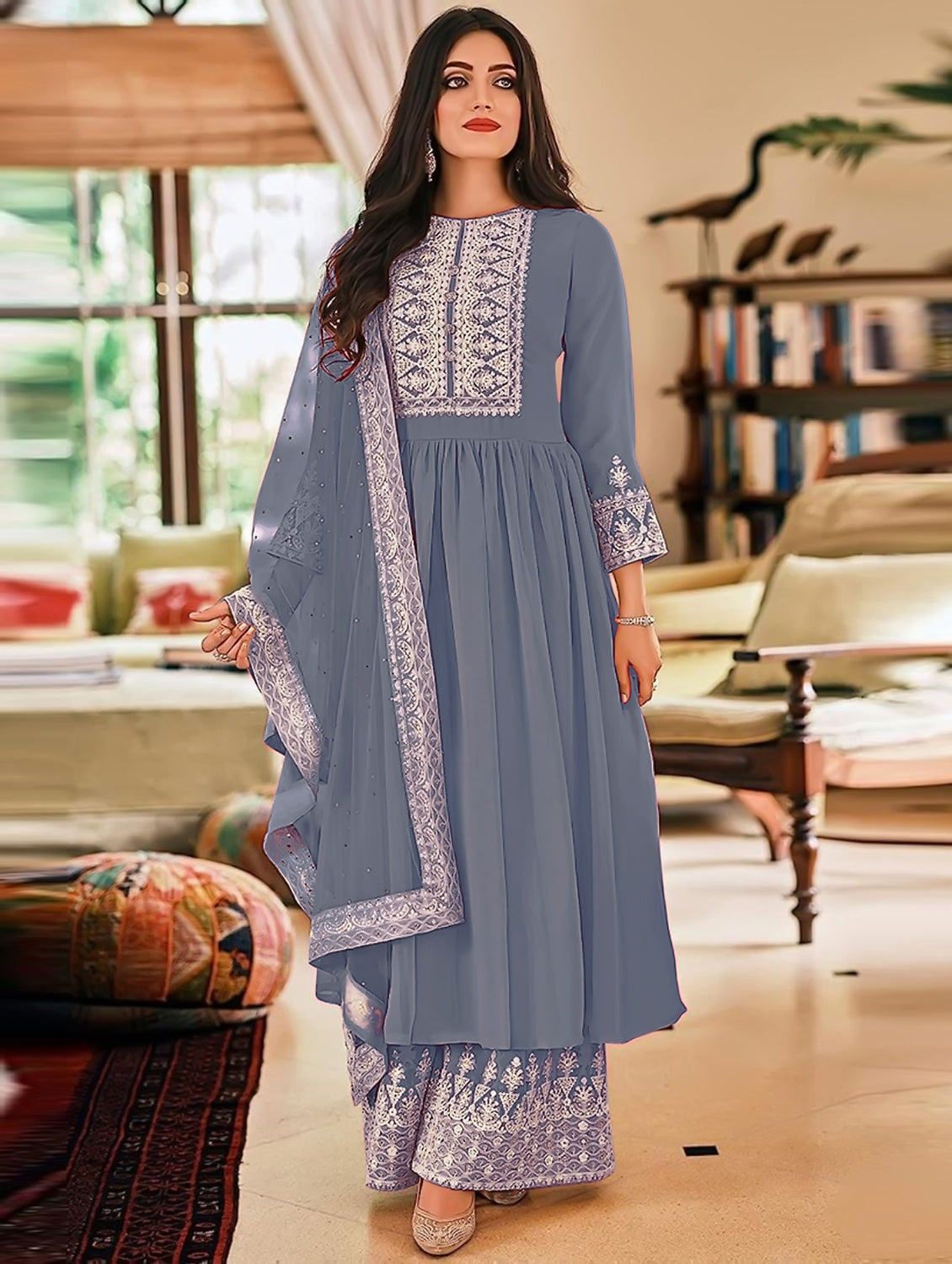 Grey Resham Embroidered Georgette Dress