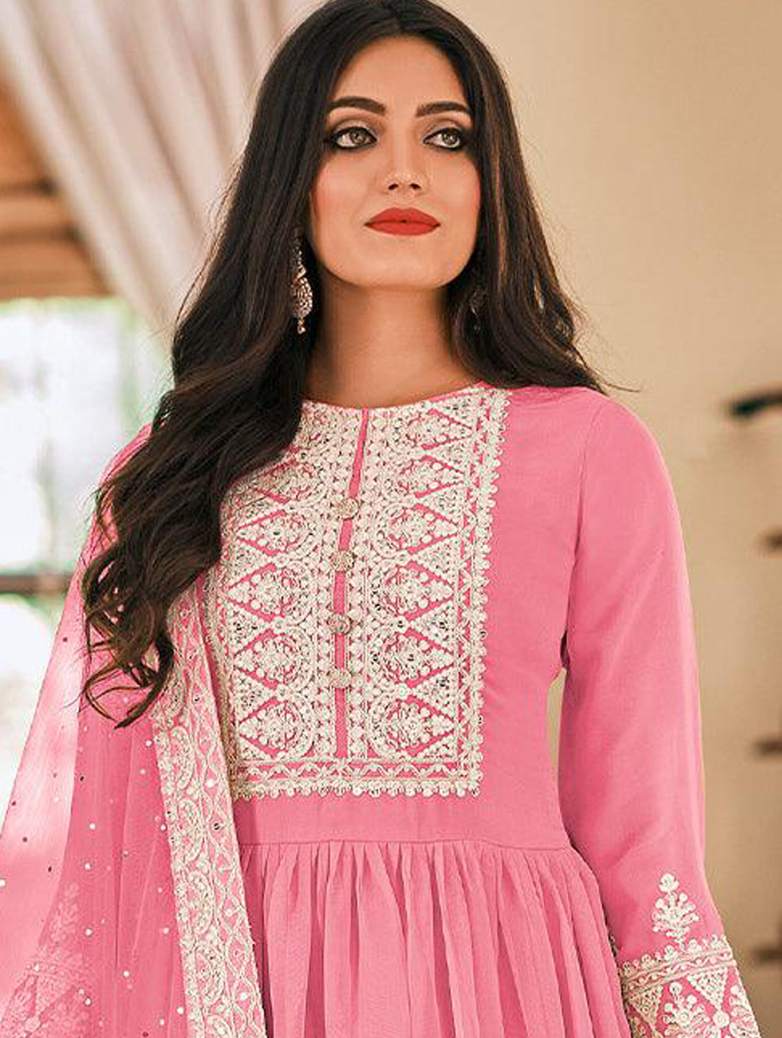 Pink Resham Embroidered Georgette Dress