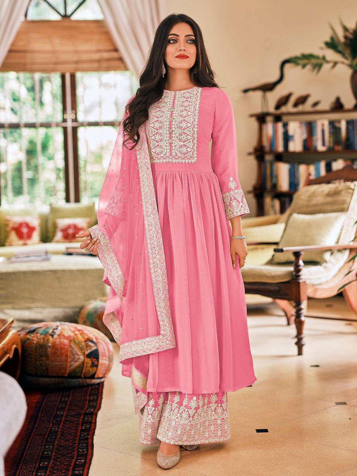 Pink Resham Embroidered Georgette Dress