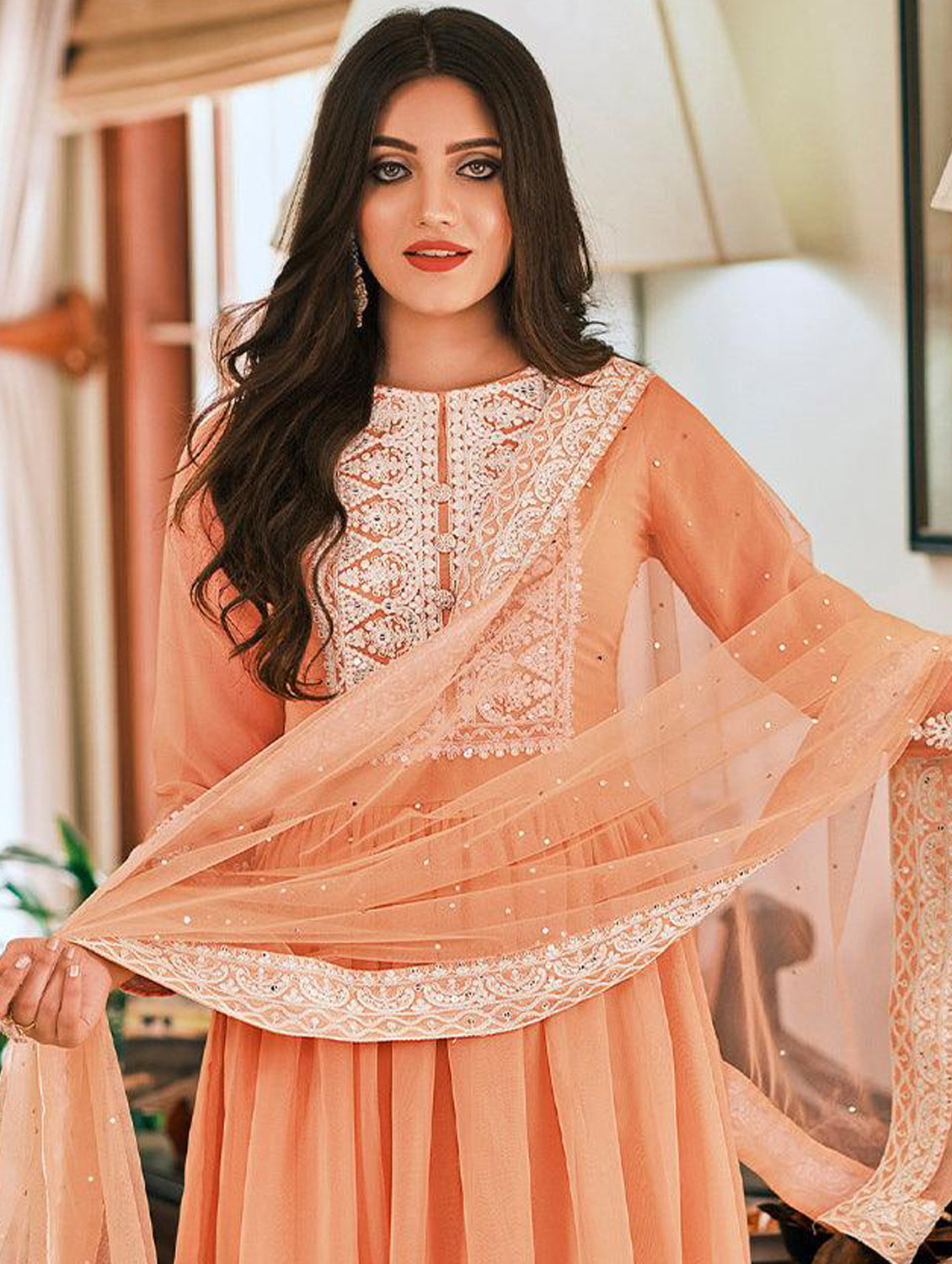 Peach Resham Embroidered Georgette Dress