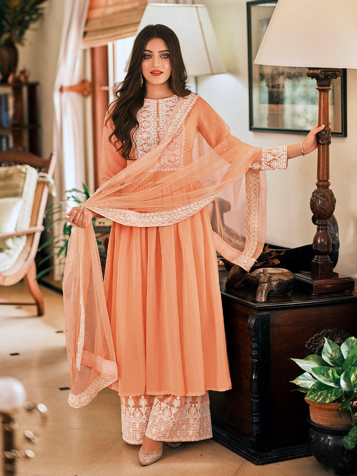 Peach Resham Embroidered Georgette Dress