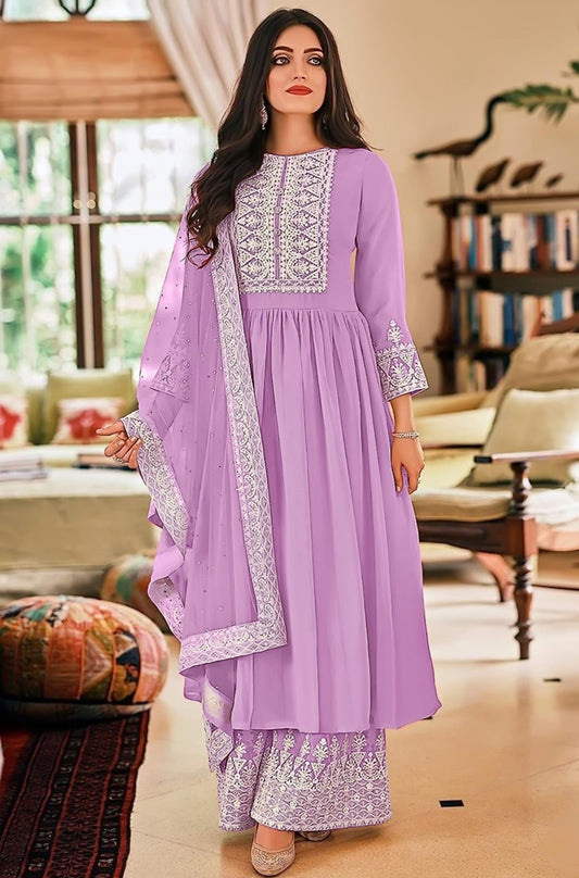 Purple Resham Embroidered Georgette Dress