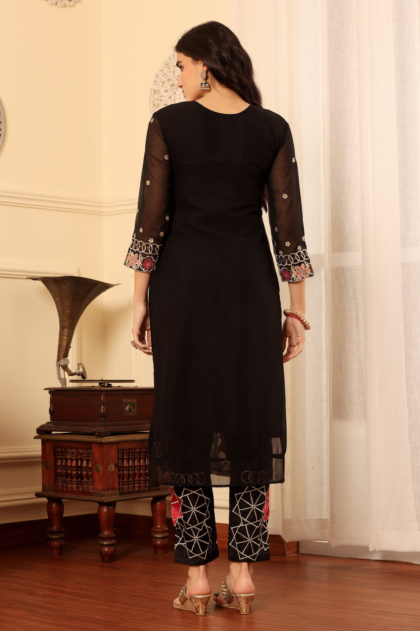 Black Georgette Resham embroidered Trouser suit