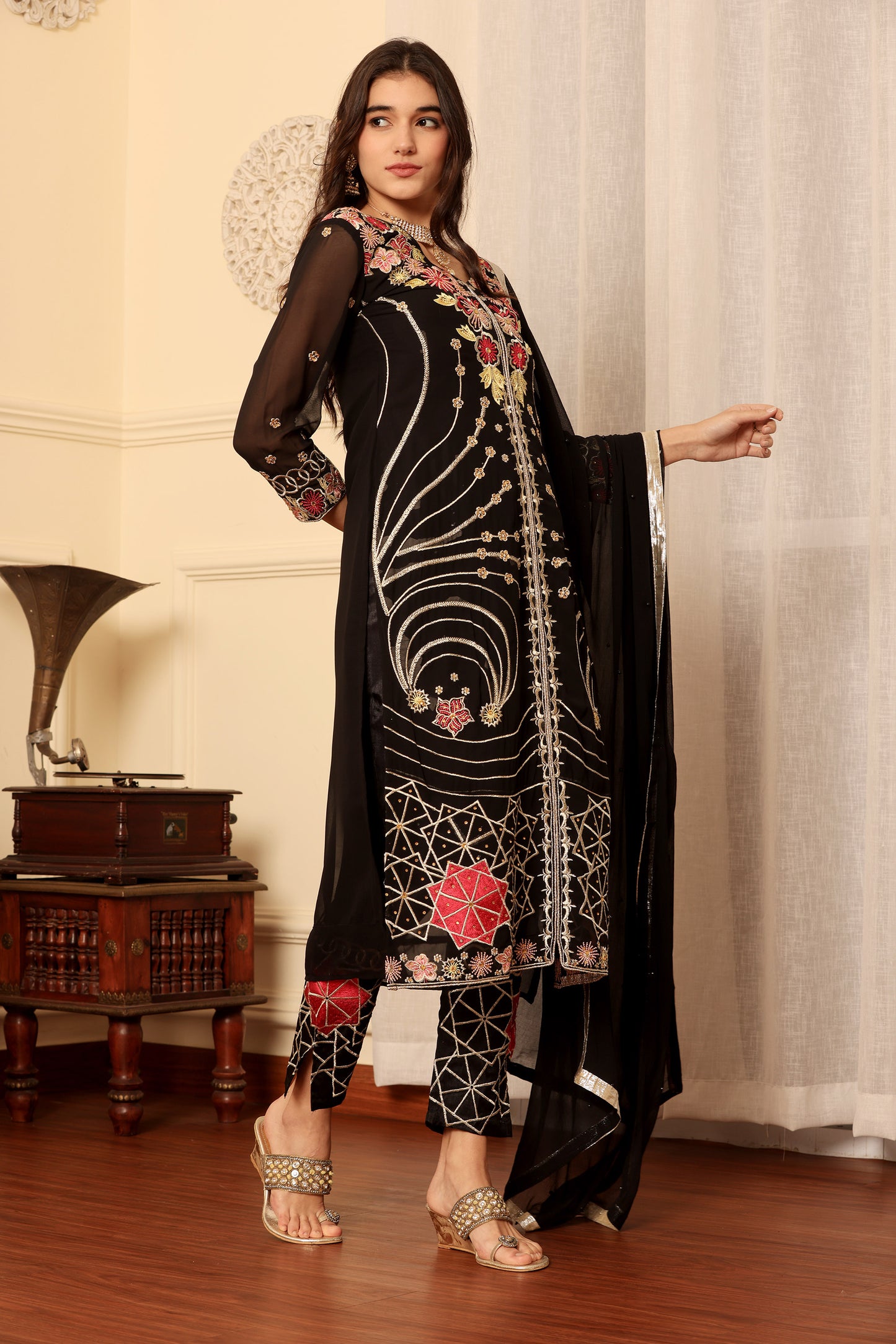 Black Georgette Resham embroidered Trouser suit