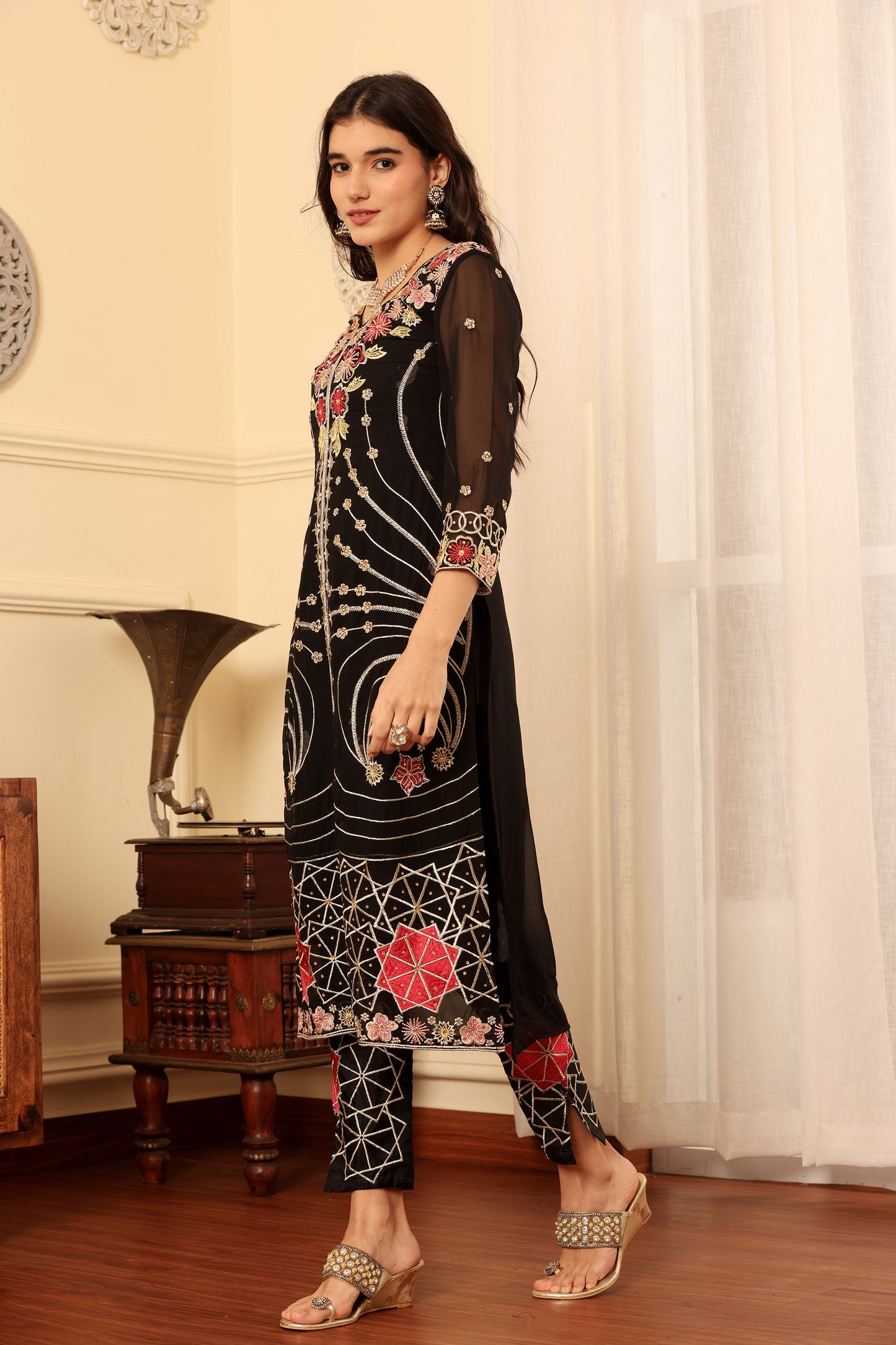 Black Georgette Resham embroidered Trouser suit