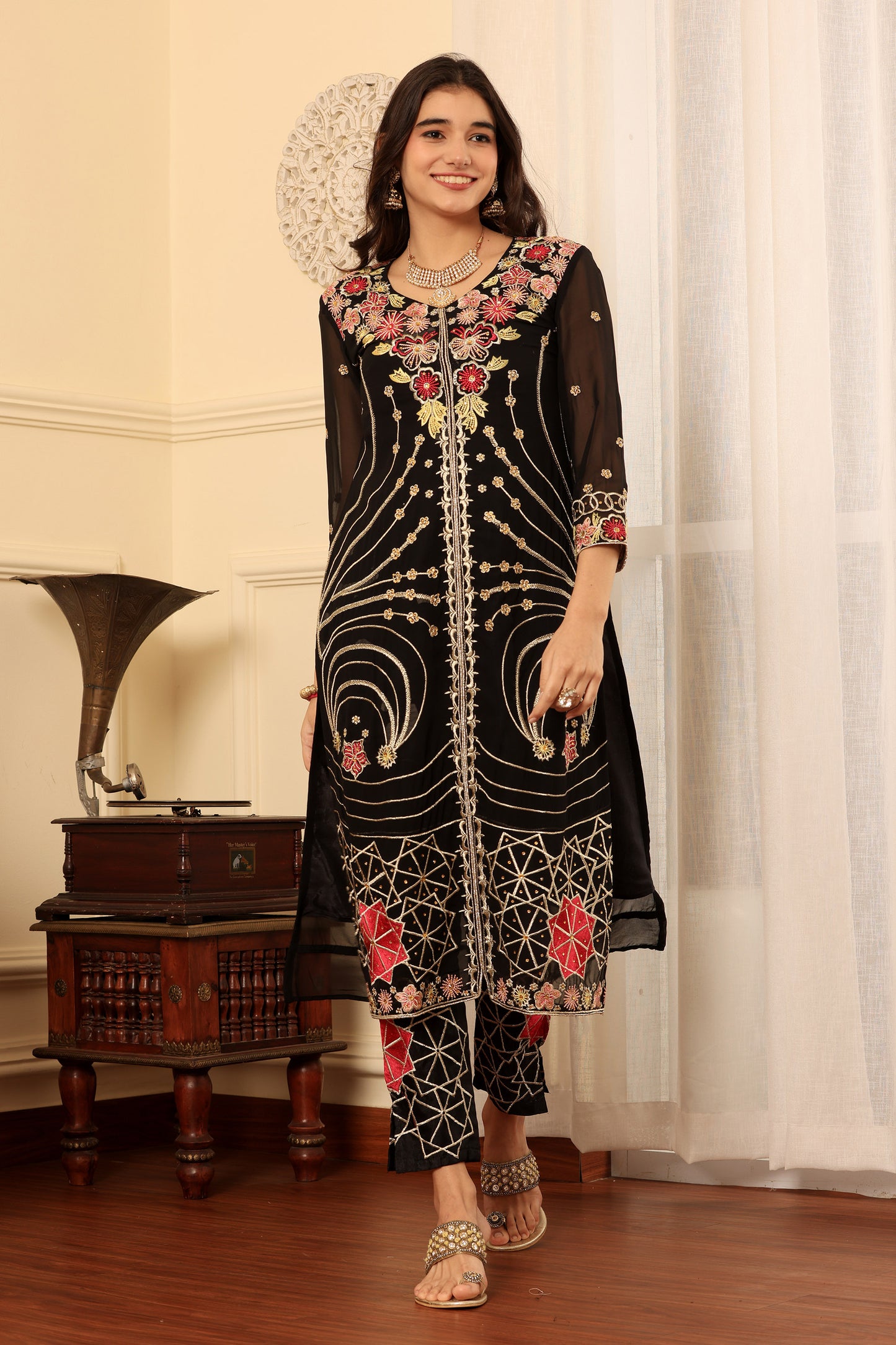 Black Georgette Resham embroidered Trouser suit