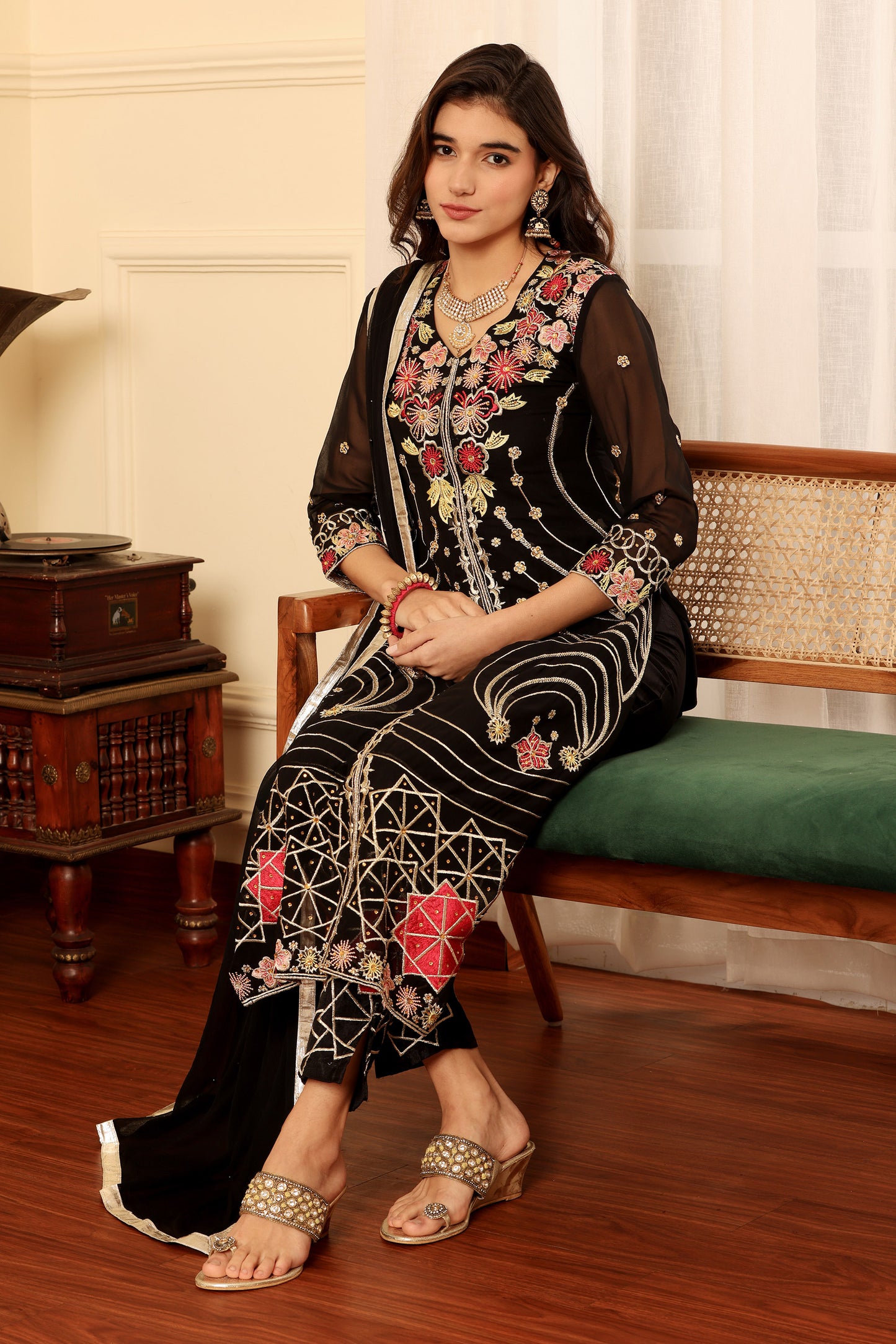 Black Georgette Resham embroidered Trouser suit