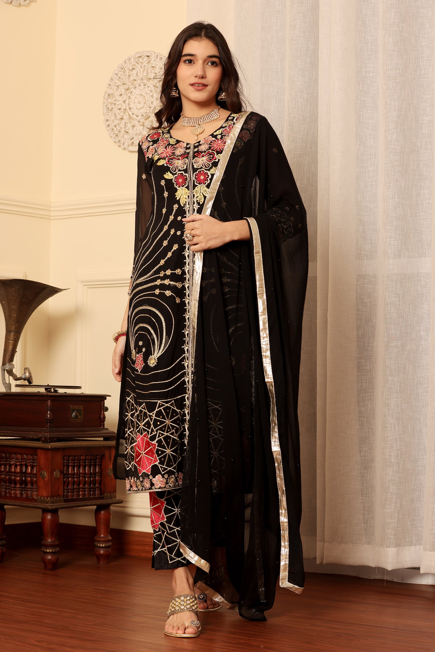 Black Georgette Resham embroidered Trouser suit