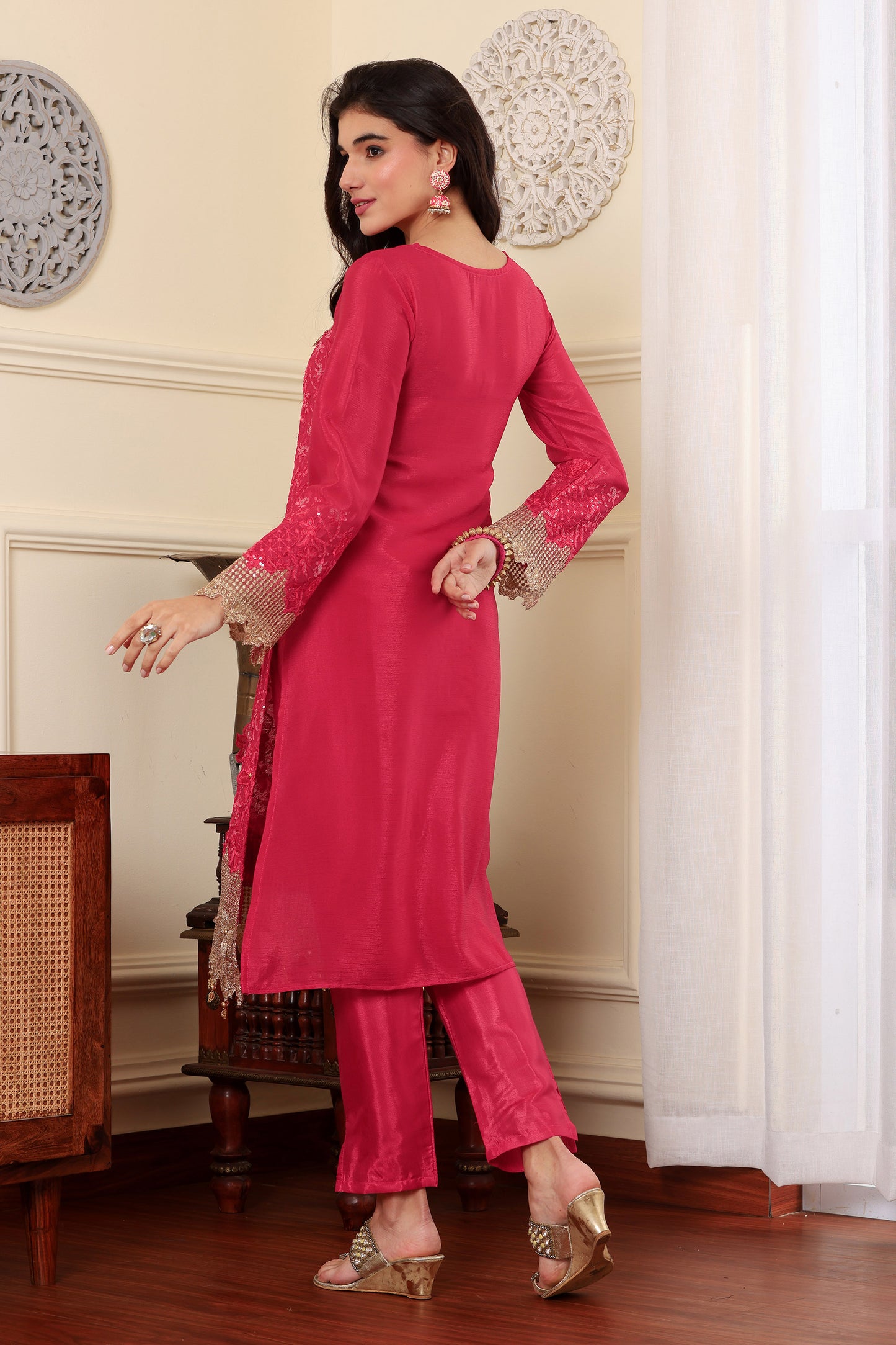 Pink chinon silk Resham embroidered Trouser suit