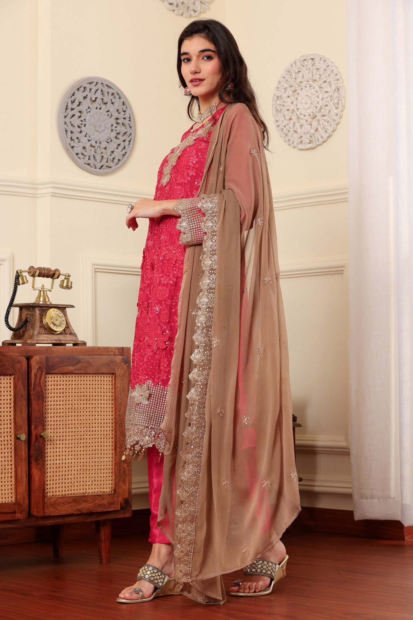 Pink chinon silk Resham embroidered Trouser suit