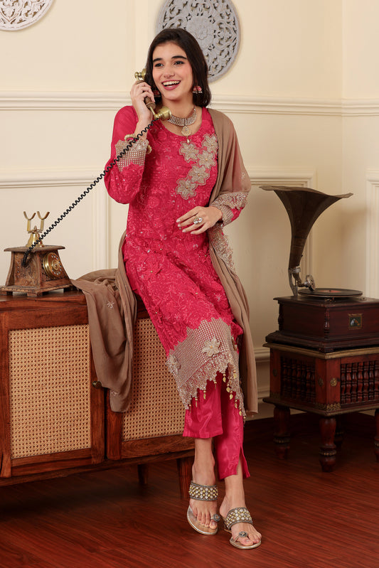 Pink chinon silk Resham embroidered Trouser suit