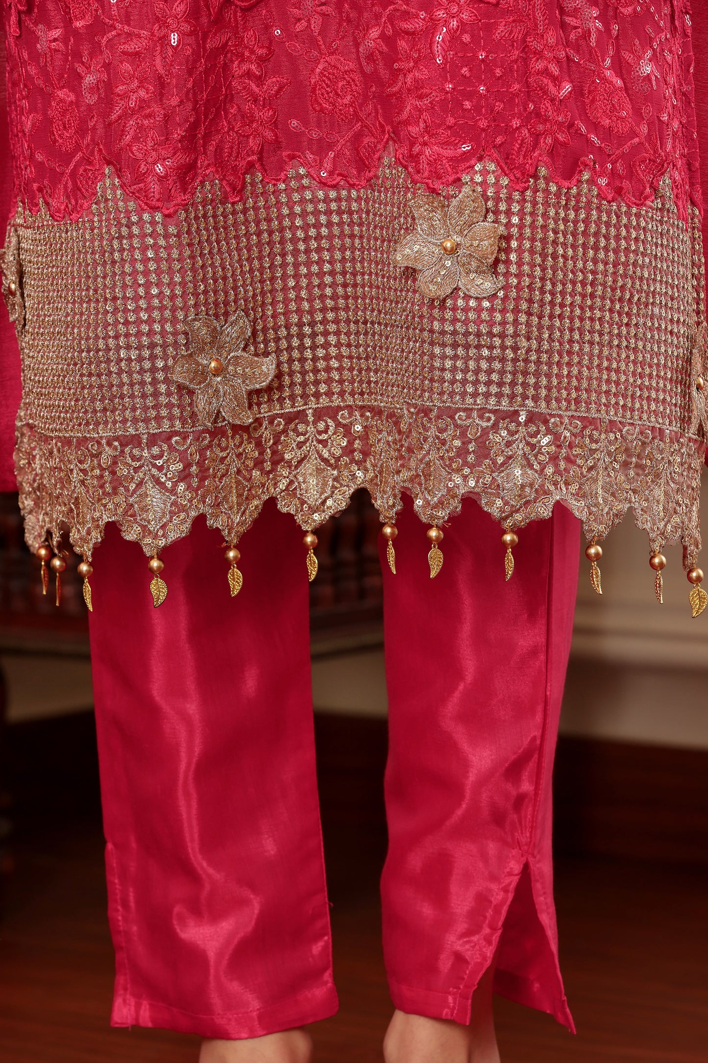 Pink chinon silk Resham embroidered Trouser suit