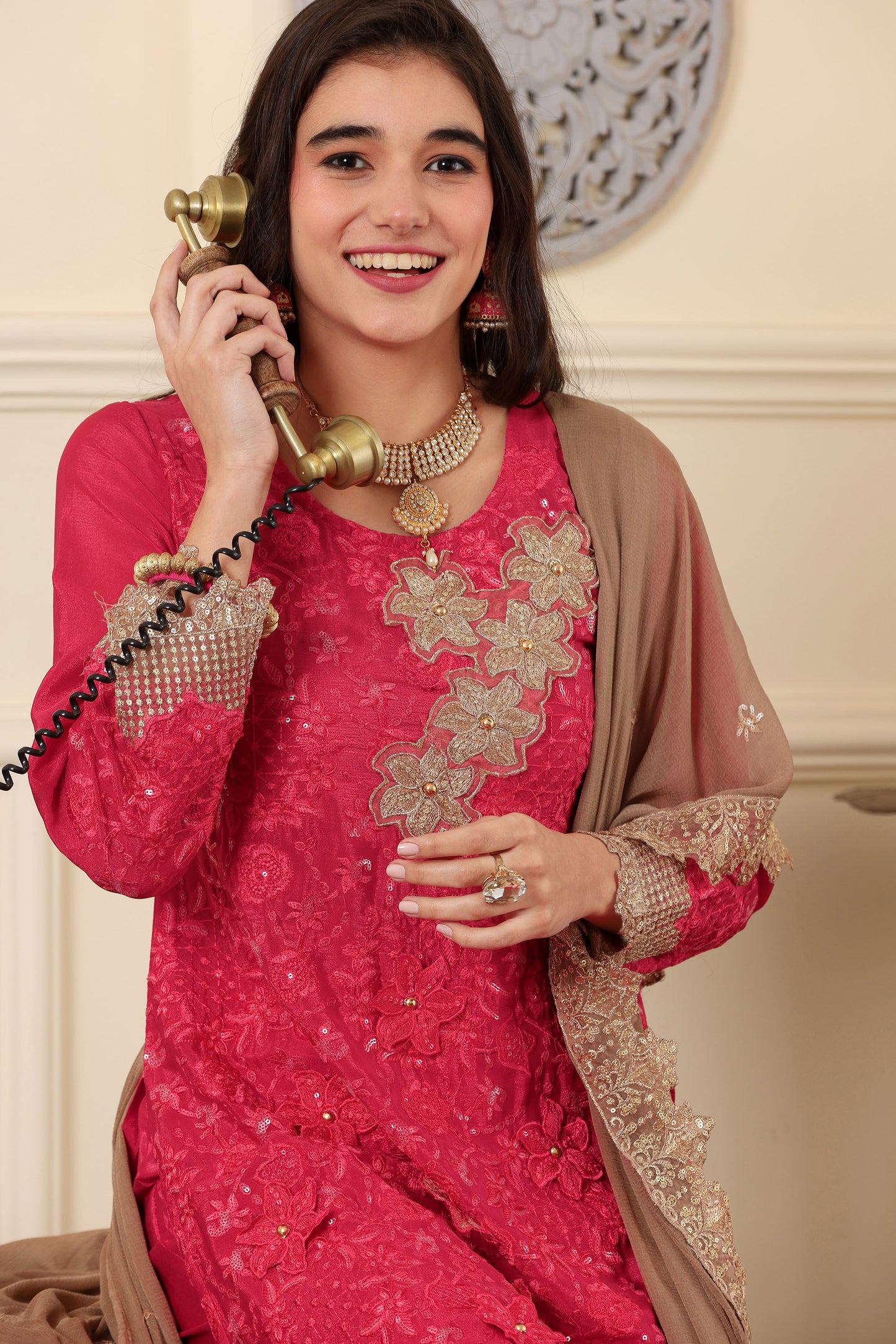 Pink chinon silk Resham embroidered Trouser suit