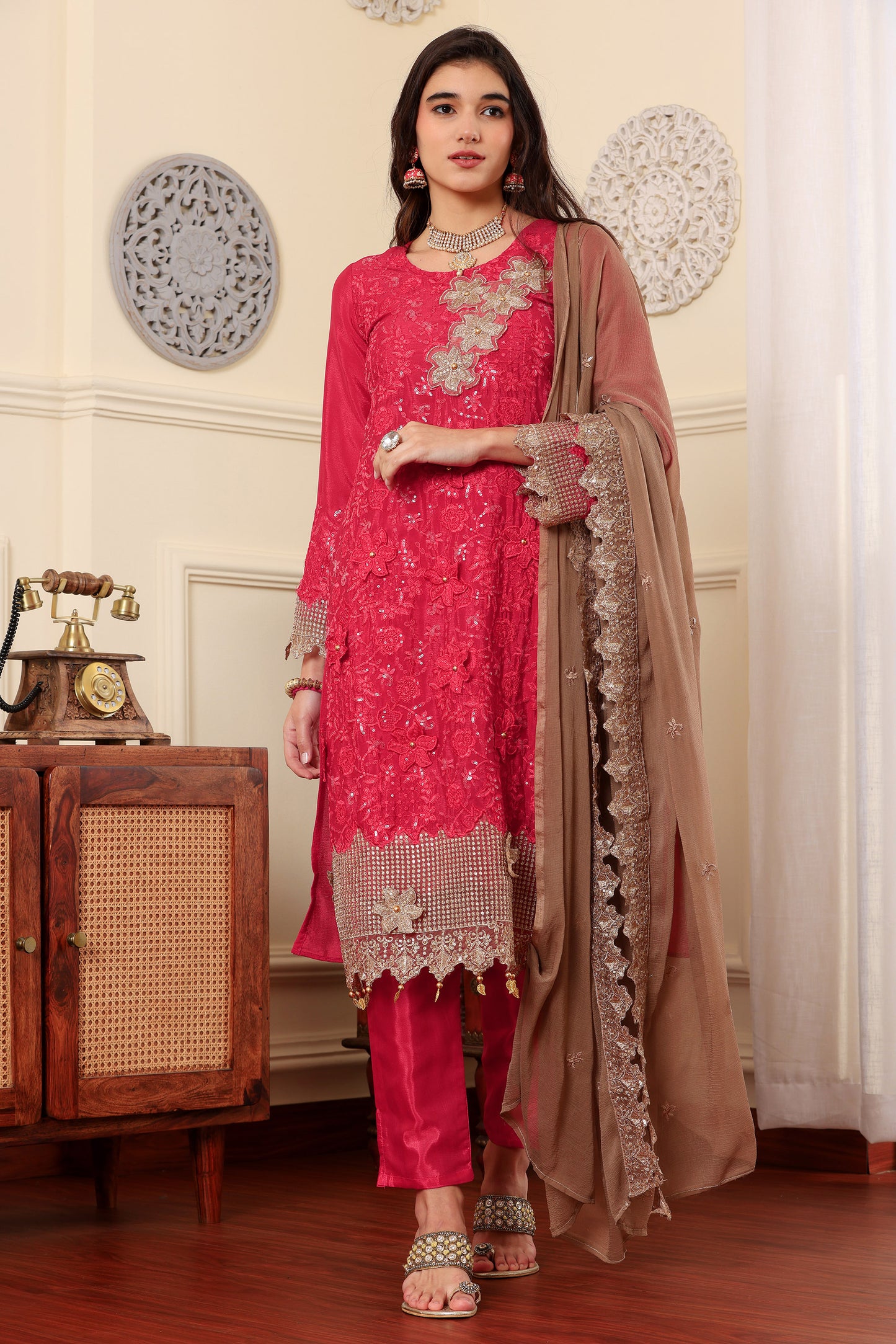 Pink chinon silk Resham embroidered Trouser suit