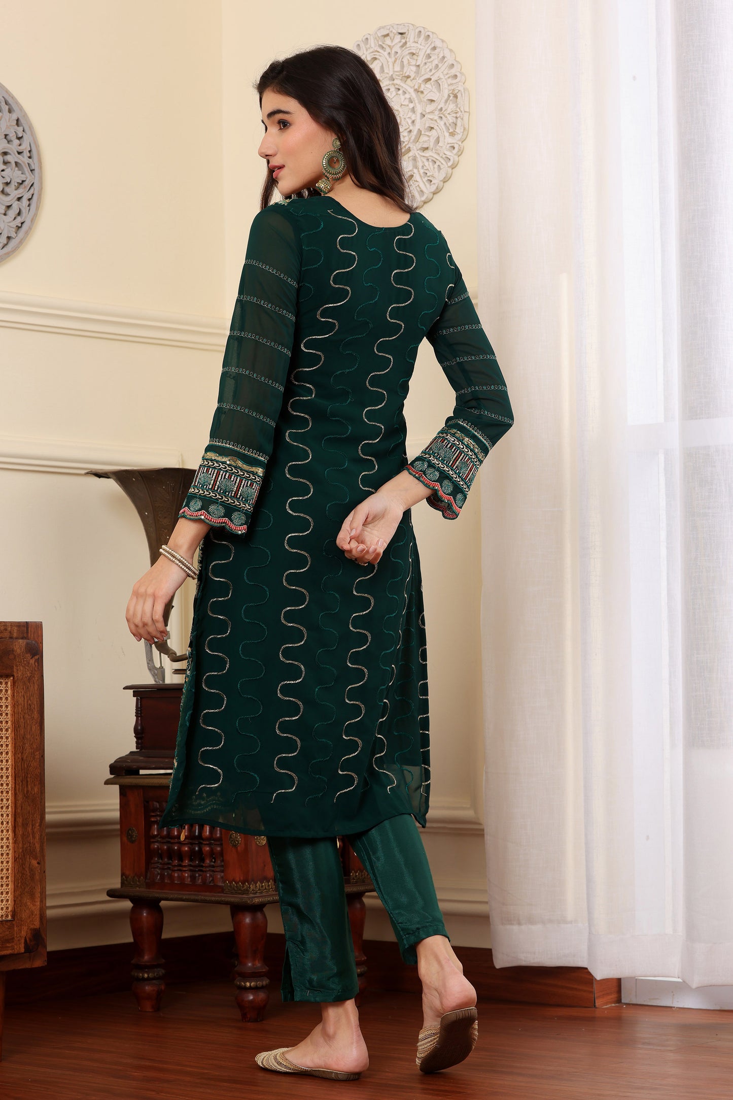 Green Georgette Resham embroidered Trouser suit