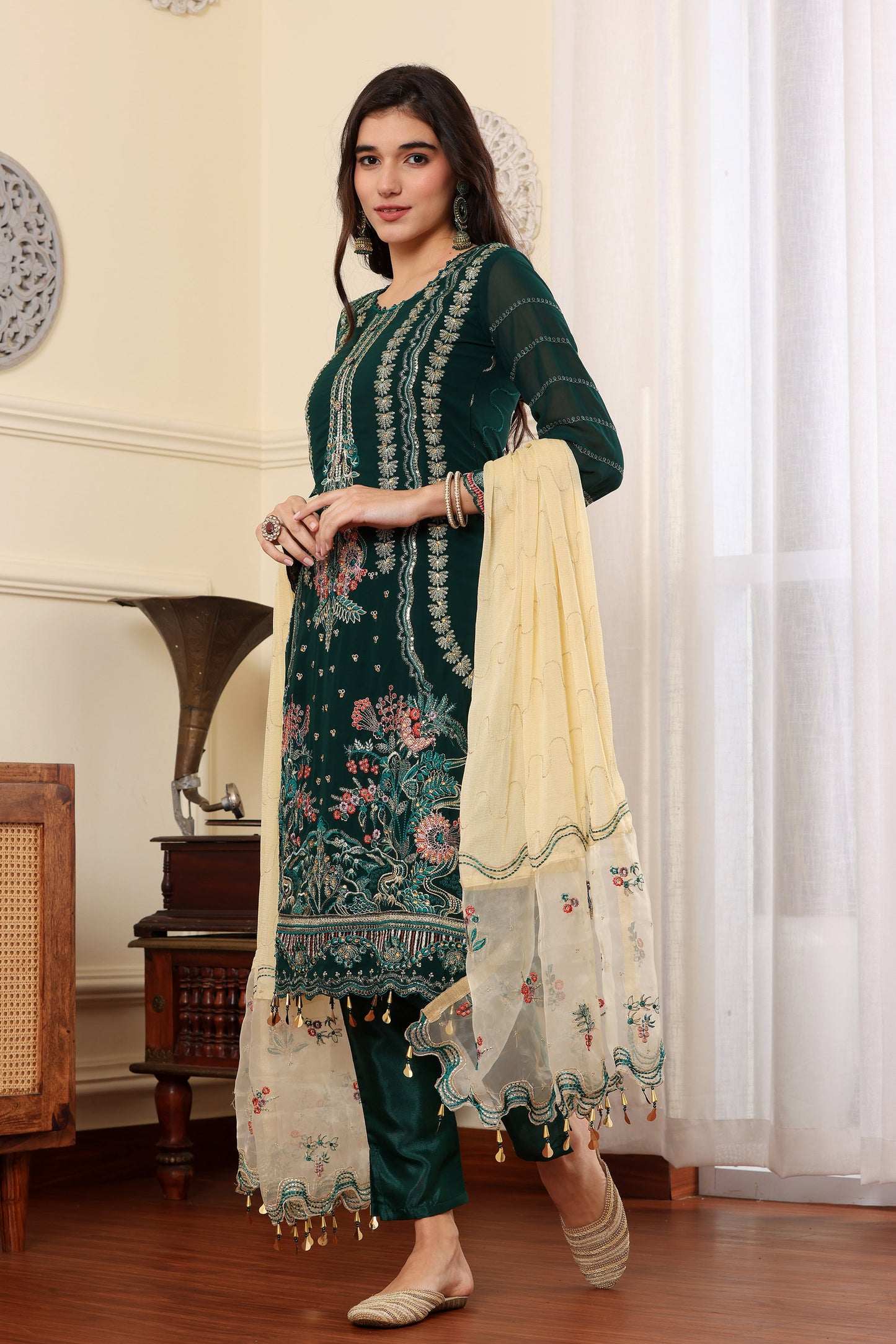 Green Georgette Resham embroidered Trouser suit