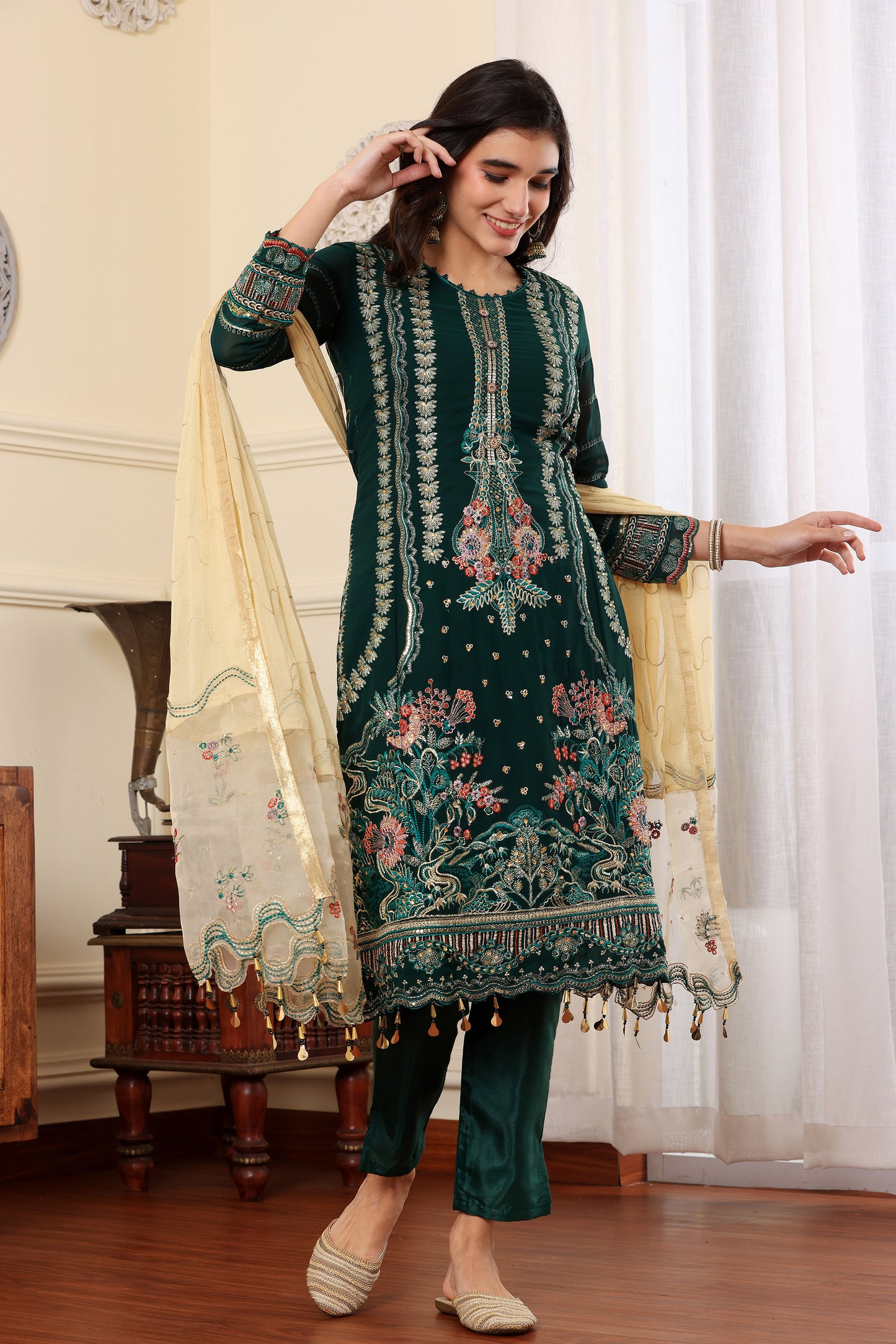 Green Georgette Resham embroidered Trouser suit