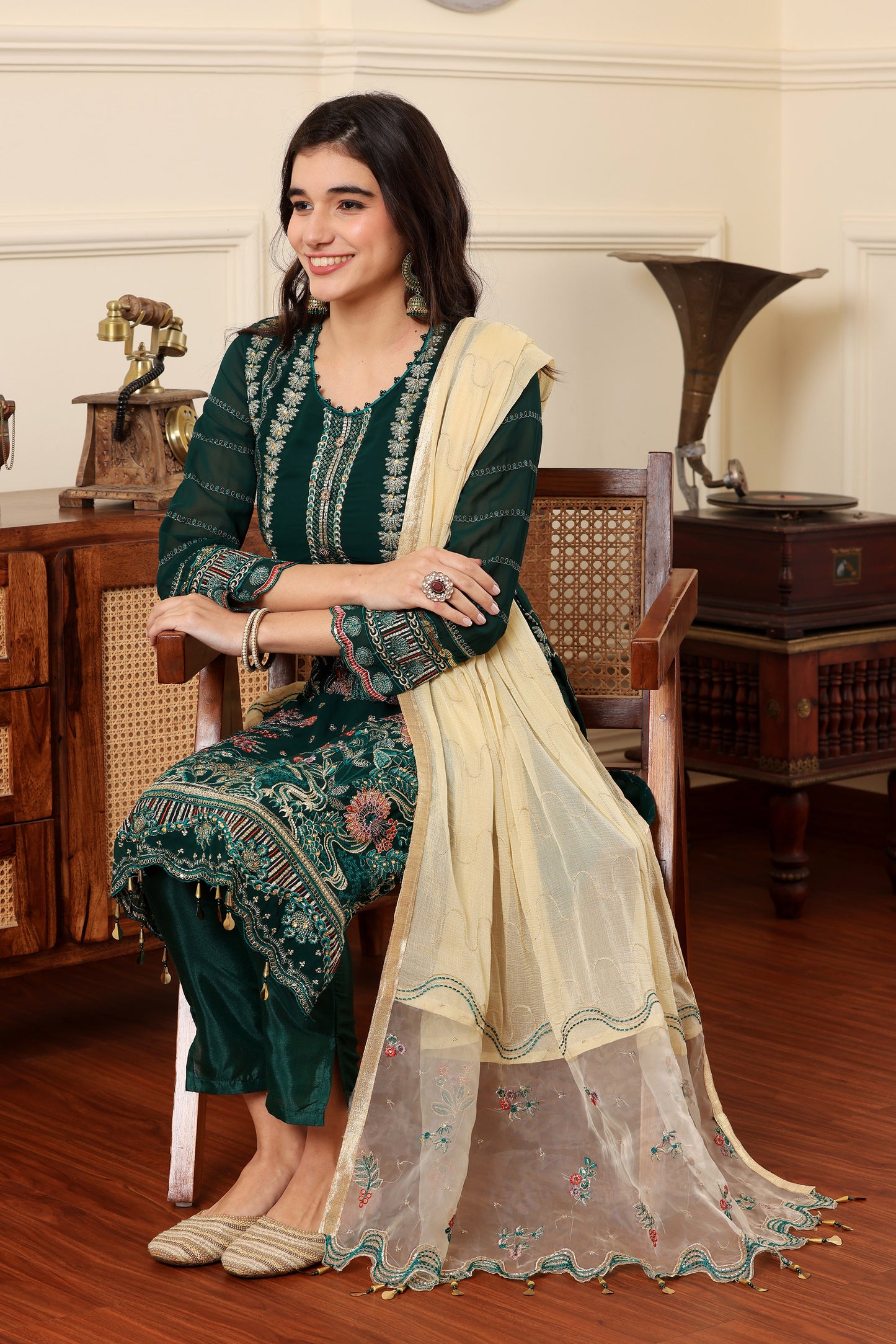 Green Georgette Resham embroidered Trouser suit