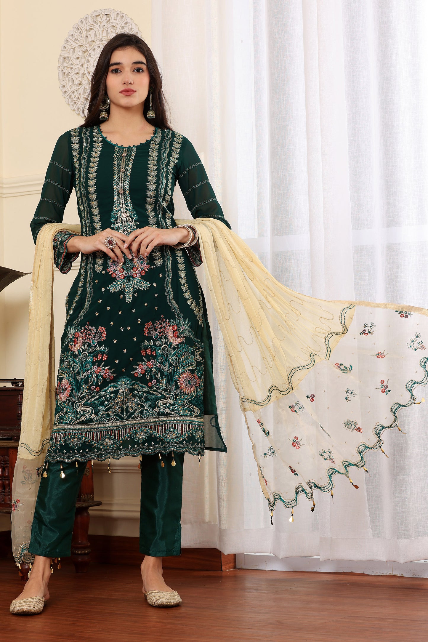 Green Georgette Resham embroidered Trouser suit