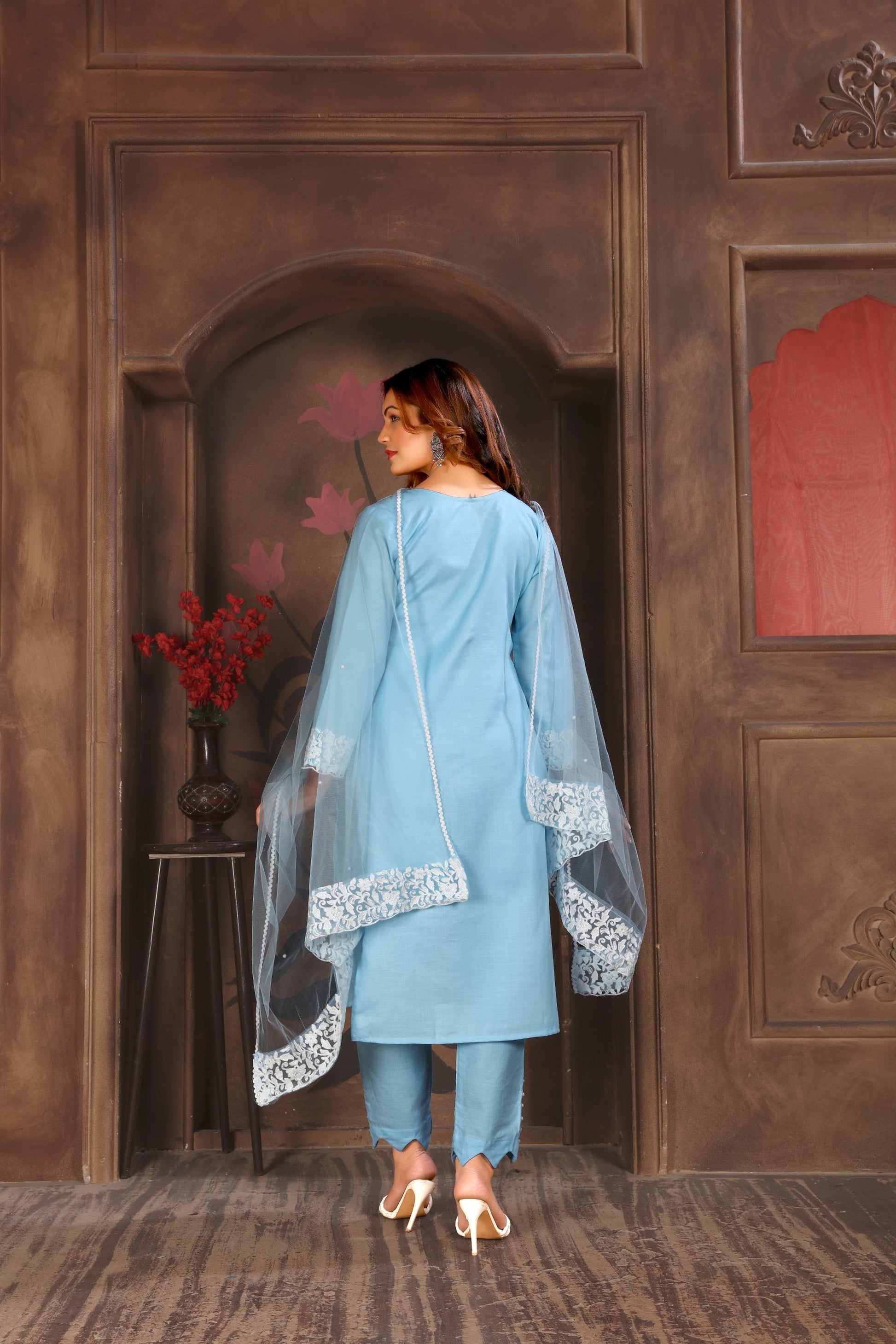 Sky Blue Resham Embroidered Cotton Kurta Set