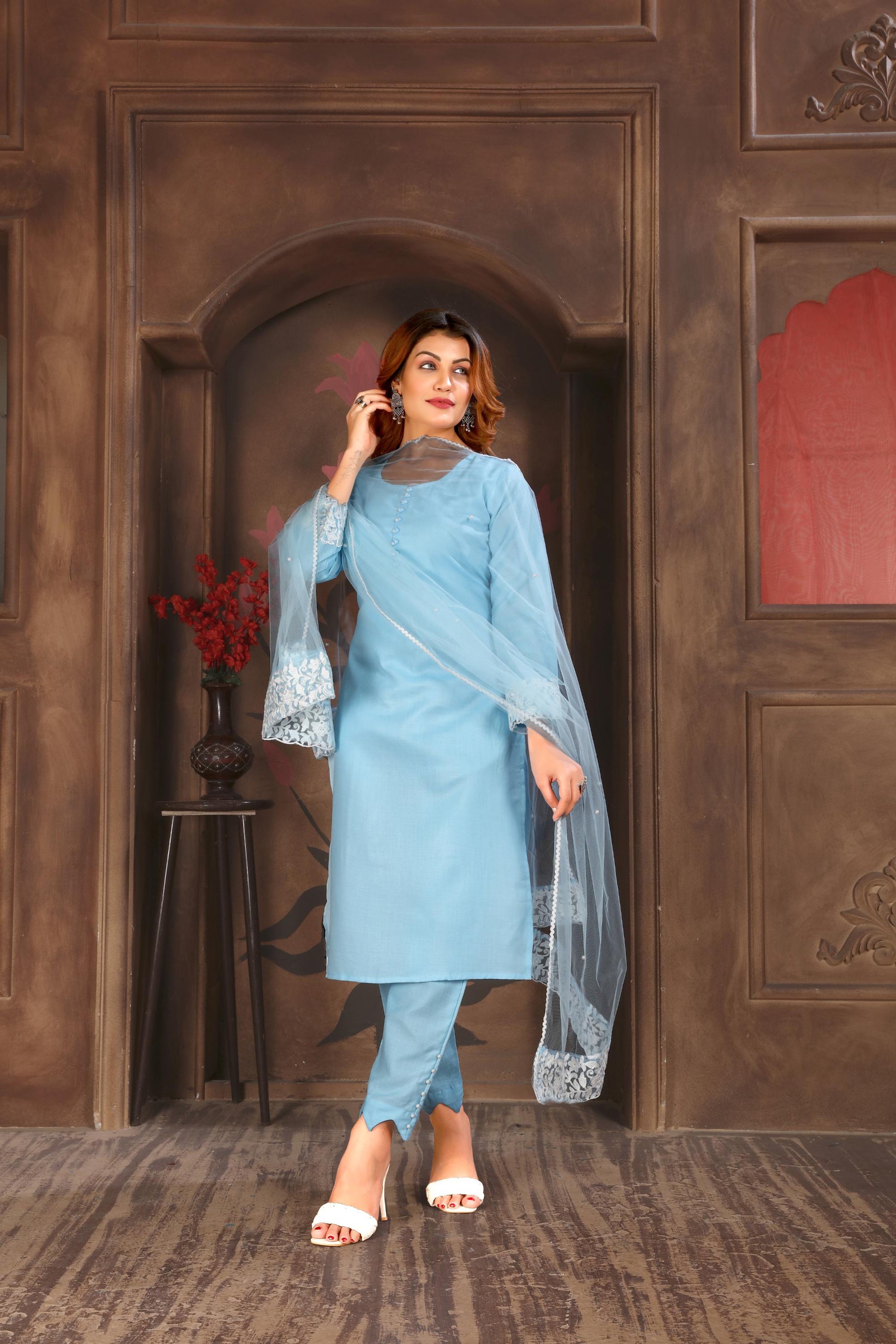 Sky Blue Resham Embroidered Cotton Kurta Set